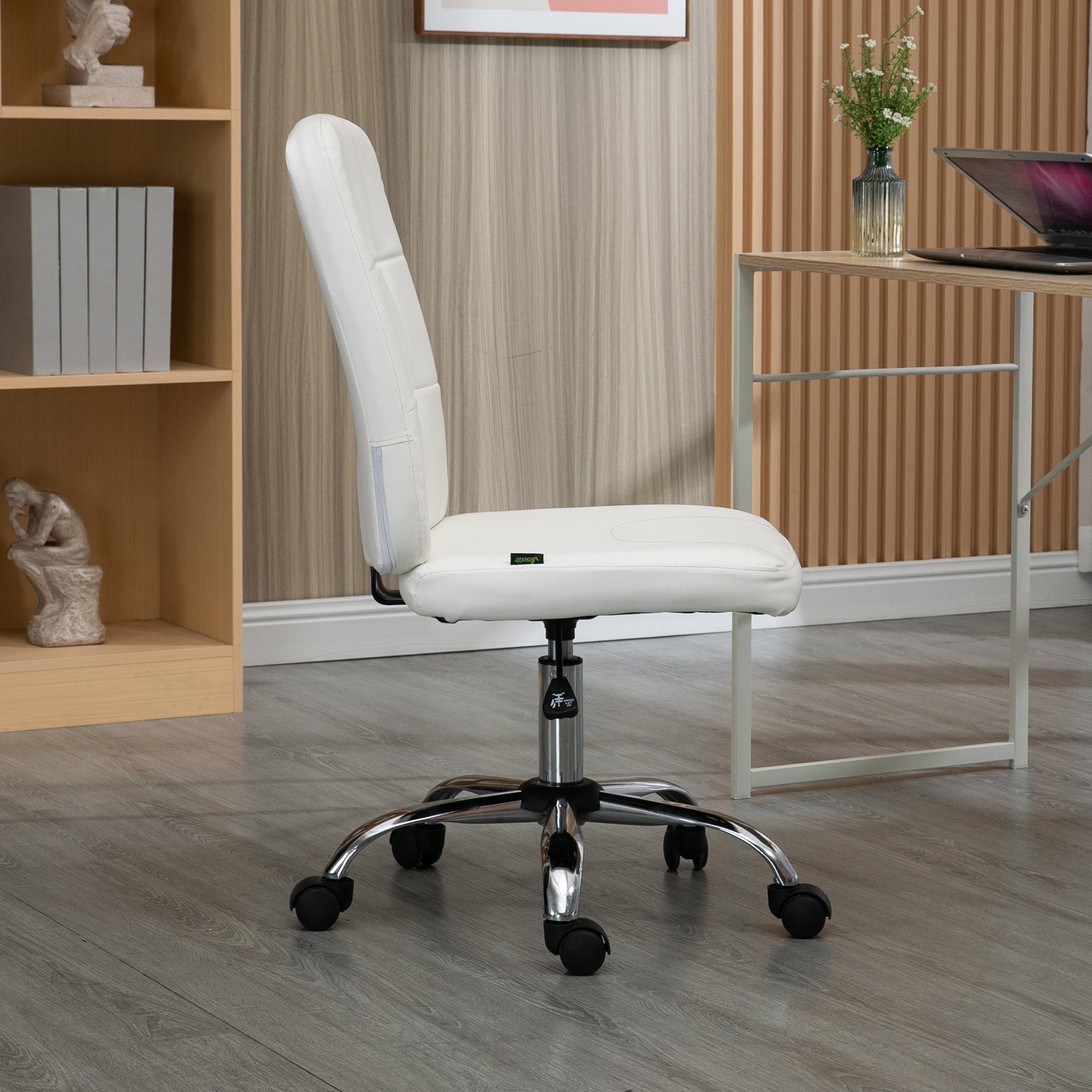 Armless Office Chair Swivel Faux Leather Desk Chair with Adjustable Height Modern Style Holds 120 kg 45x59x90-100 cm White