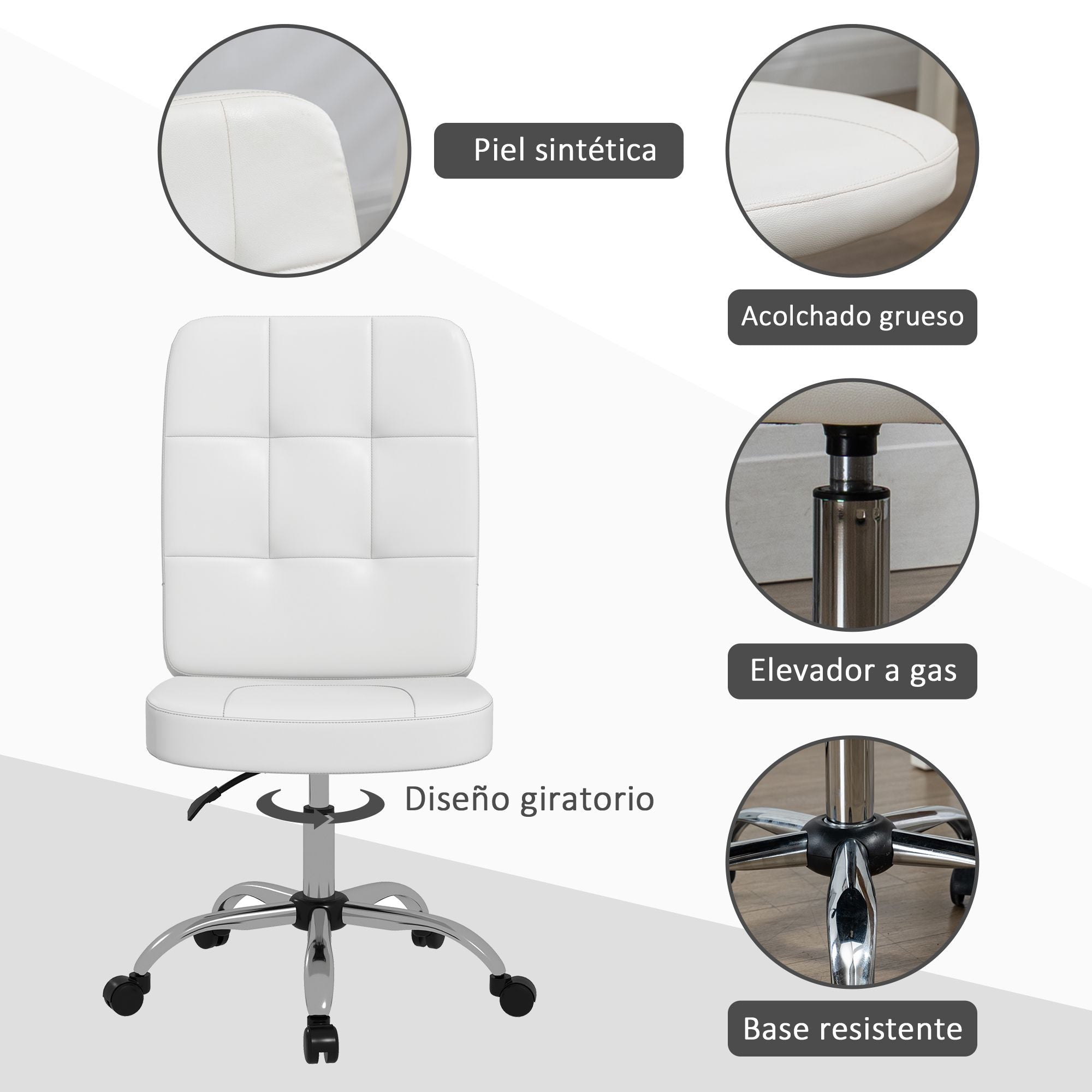 Armless Office Chair Swivel Faux Leather Desk Chair with Adjustable Height Modern Style Holds 120 kg 45x59x90-100 cm White