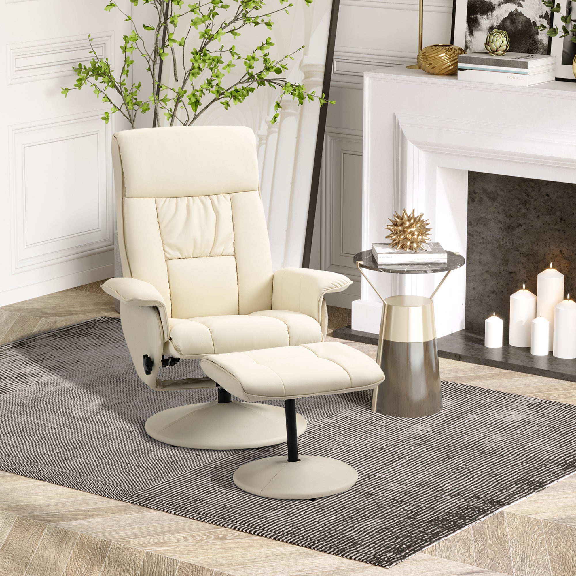 Reclining Relax Chair up to 135° with Swivel Seat and Matching Footstool, 78x84x110cm, Cream