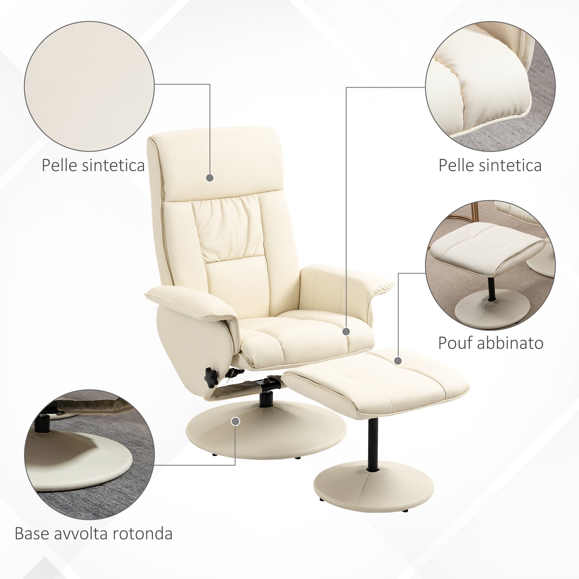Reclining Relax Chair up to 135° with Swivel Seat and Matching Footstool, 78x84x110cm, Cream