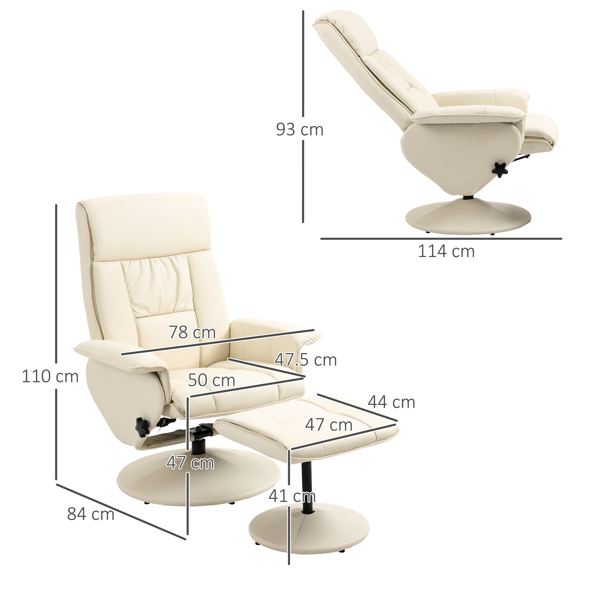 Reclining Relax Chair up to 135° with Swivel Seat and Matching Footstool, 78x84x110cm, Cream