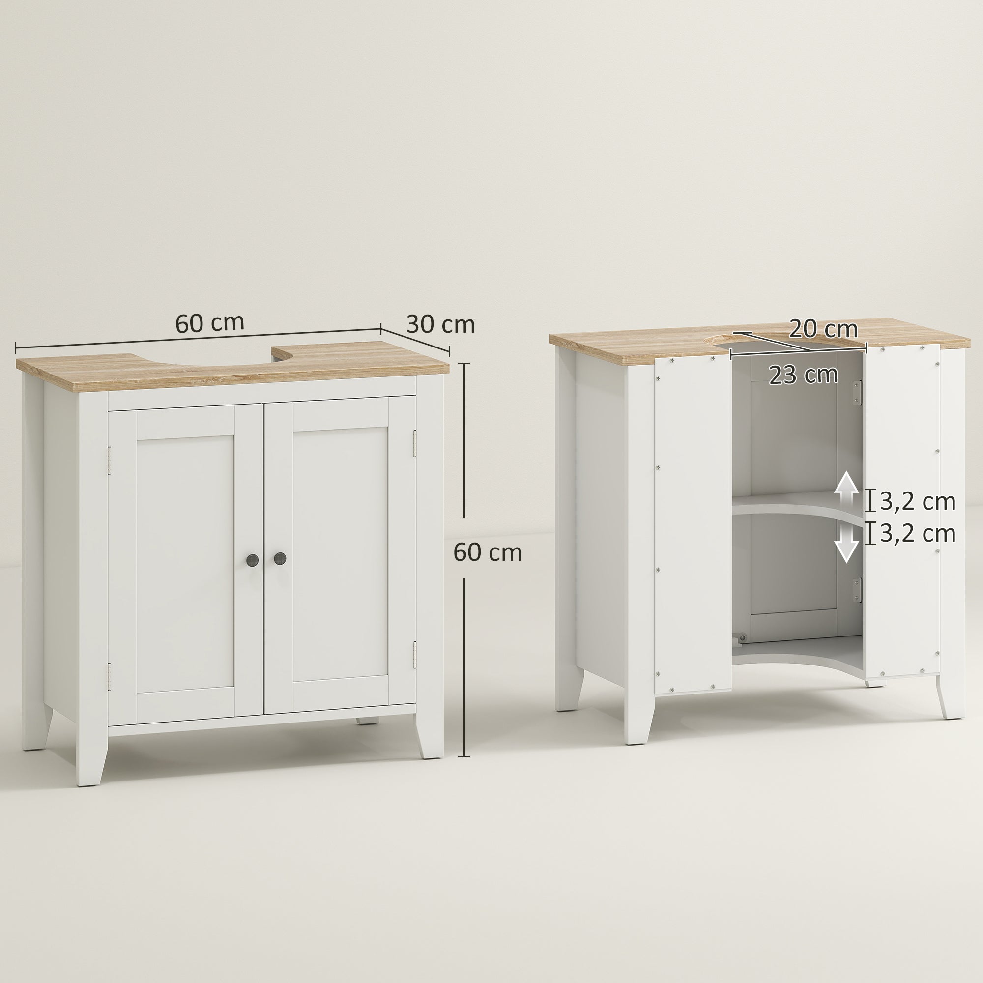 Bathroom Sink Cabinet with Pedestal Under Sink Cabinet with 2 Doors and Adjustable Shelf Modern Style 60x30x60 cm White