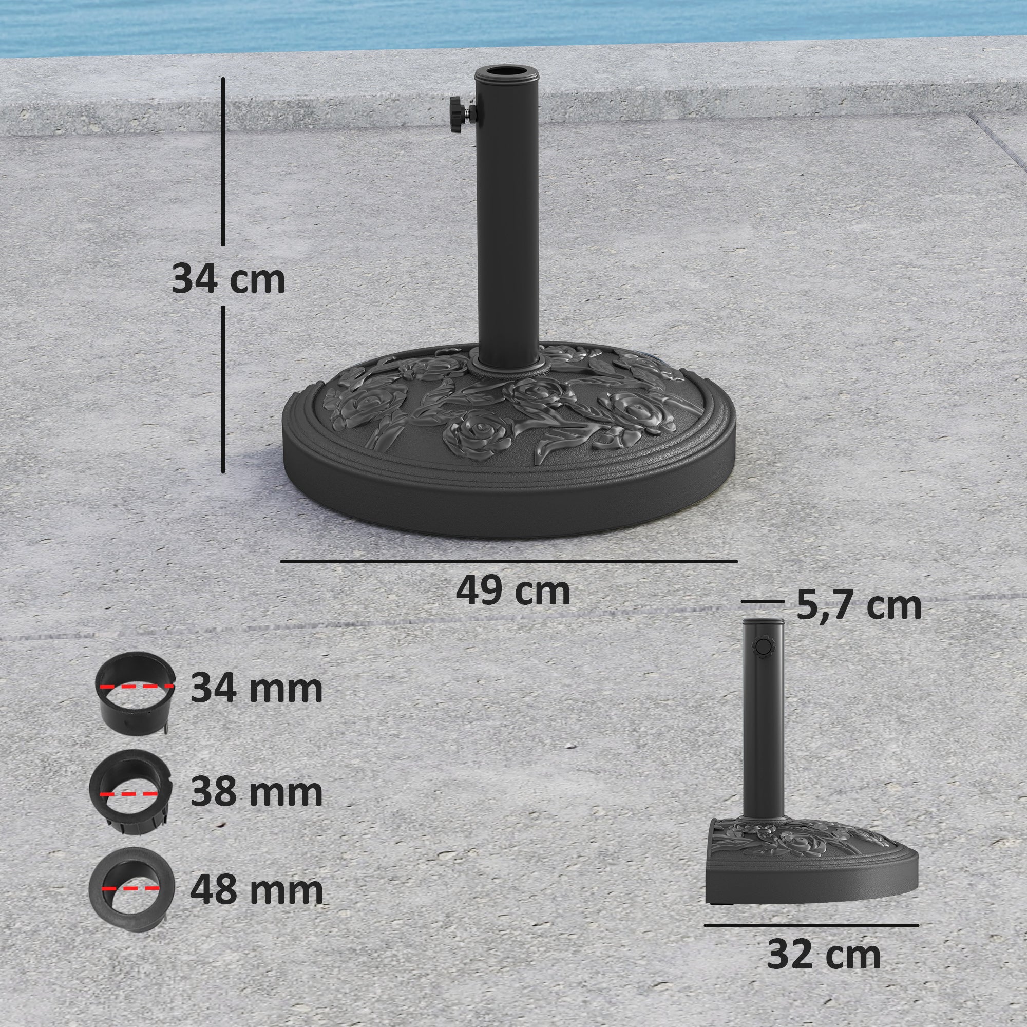 Semi-Circular Umbrella Base Umbrella Stand Umbrella Stand with Cement Filling Weight 12 kg for Garden Terrace Black