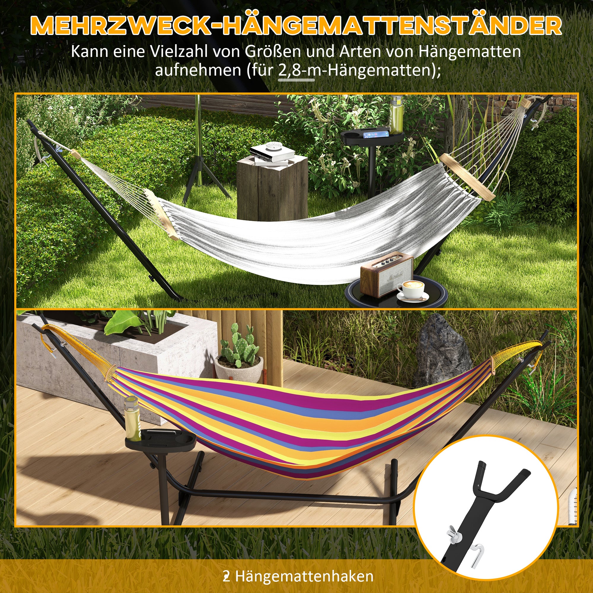 Hammock Stand, Hammock Stand with Side Shelf, Stand for Hammock, Up to 150 kg Load Capacity, Steel, Black, 285 x 125 x 110 cm