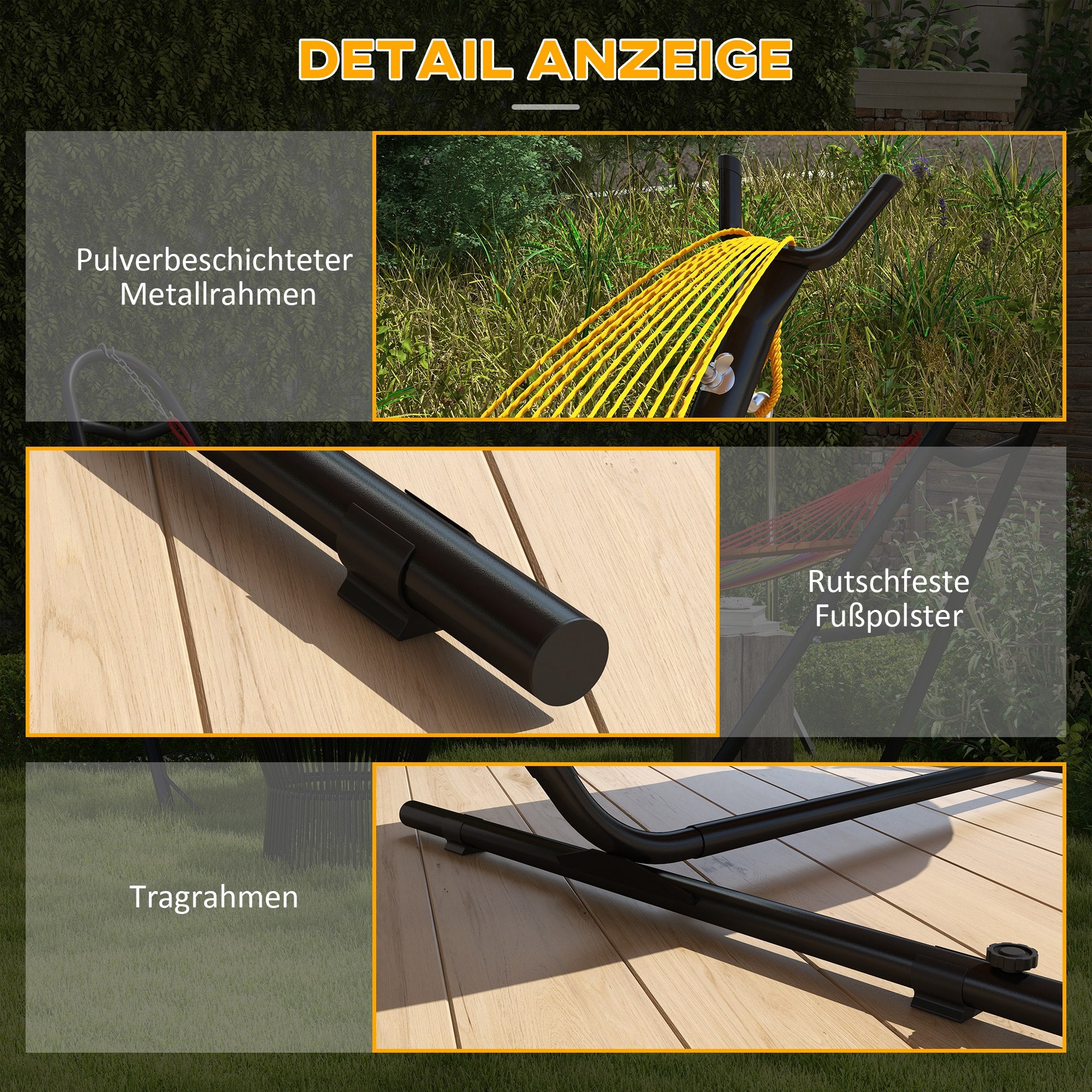 Hammock Stand, Hammock Stand with Side Shelf, Stand for Hammock, Up to 150 kg Load Capacity, Steel, Black, 285 x 125 x 110 cm