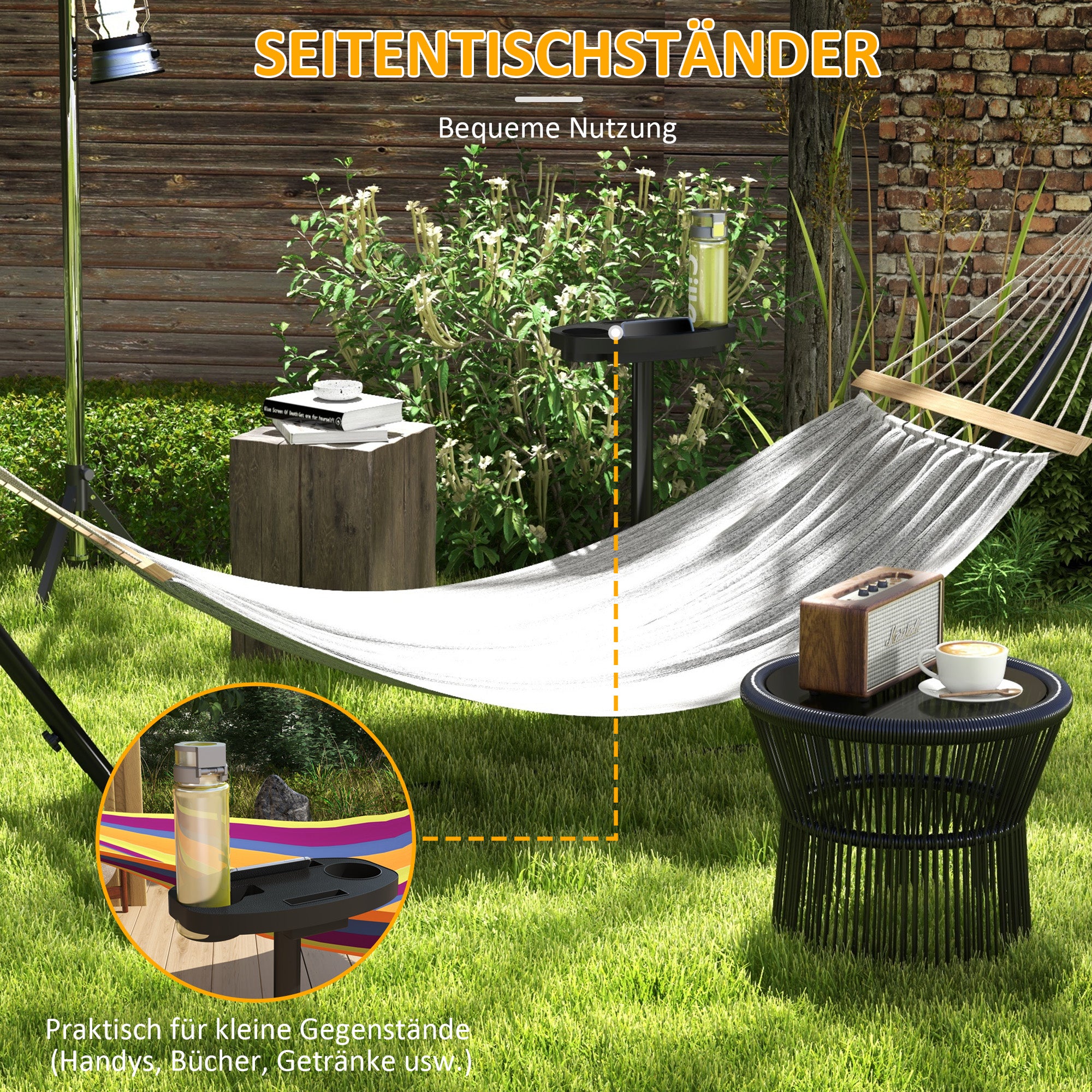 Hammock Stand, Hammock Stand with Side Shelf, Stand for Hammock, Up to 150 kg Load Capacity, Steel, Black, 285 x 125 x 110 cm