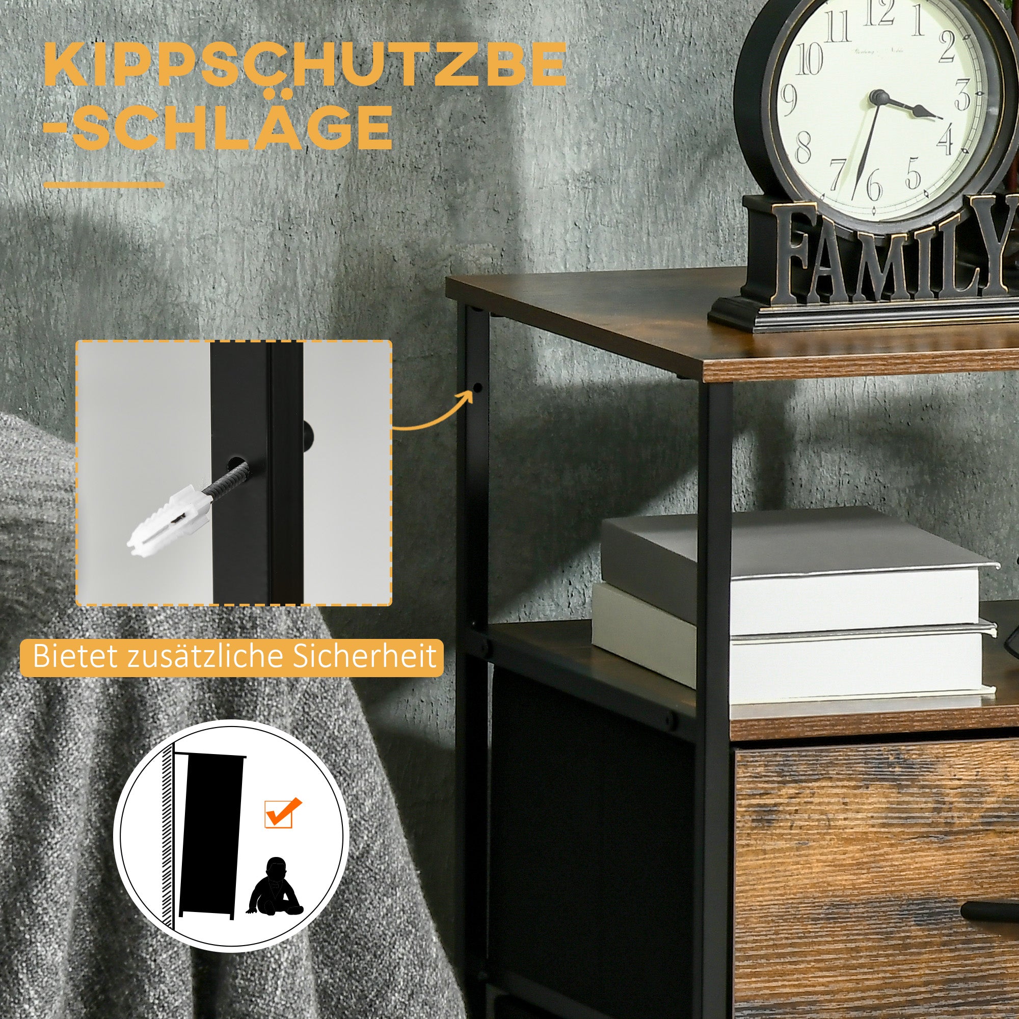 Fabric Drawer Storage Cabinet with 2 Drawers, Shelf Chest with Steel Frame Cabinet for Bedroom, Living Room Rustic Brown