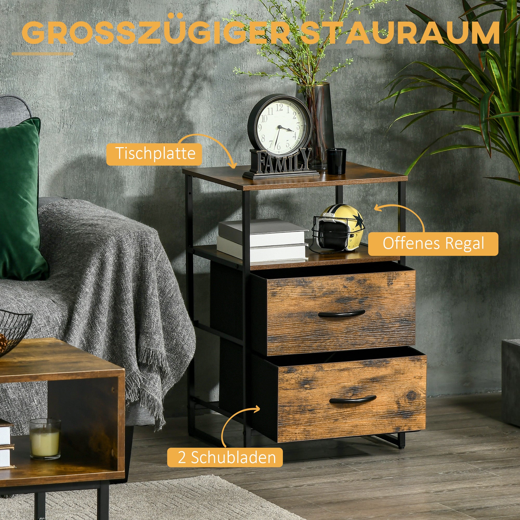 Fabric Drawer Storage Cabinet with 2 Drawers, Shelf Chest with Steel Frame Cabinet for Bedroom, Living Room Rustic Brown