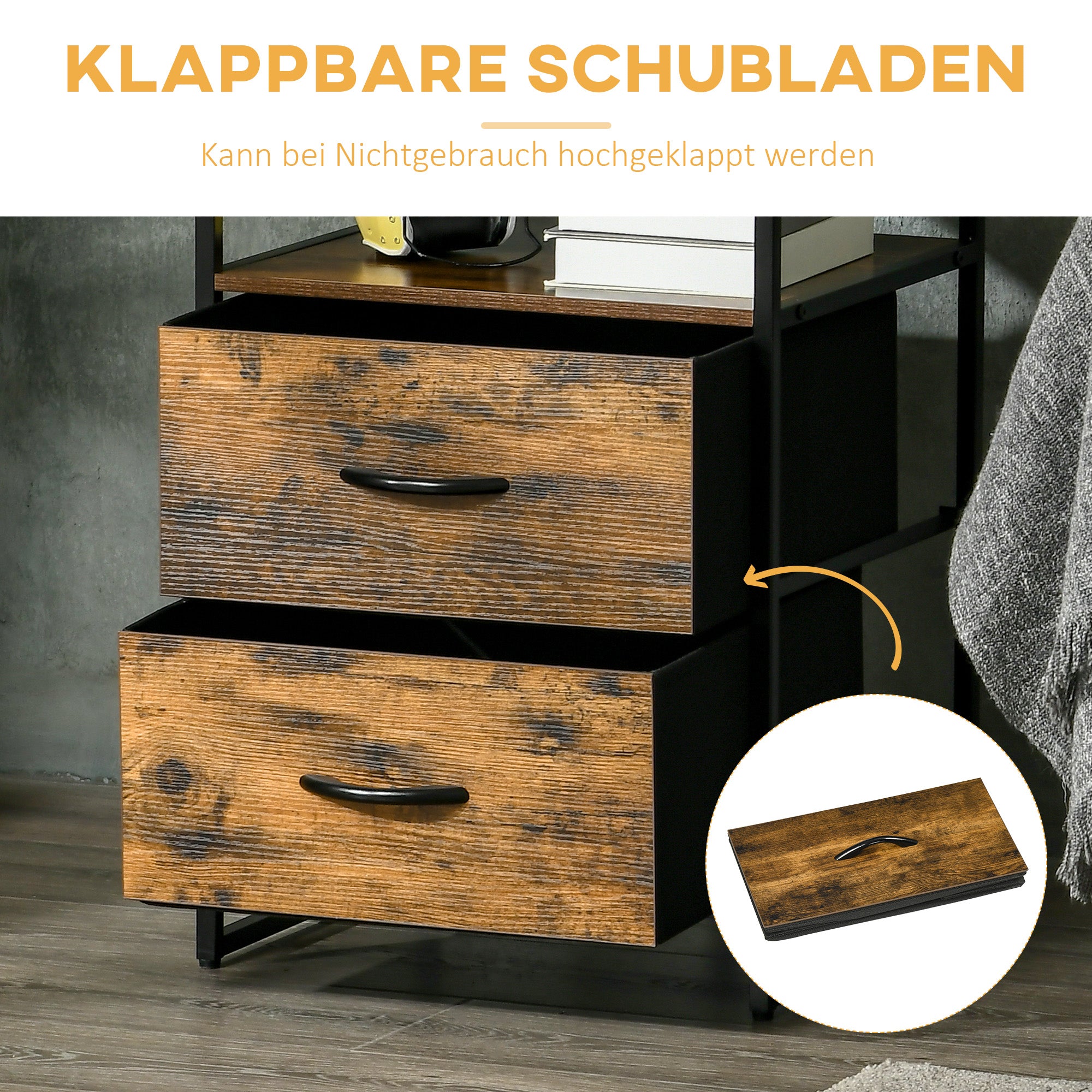 Fabric Drawer Storage Cabinet with 2 Drawers, Shelf Chest with Steel Frame Cabinet for Bedroom, Living Room Rustic Brown