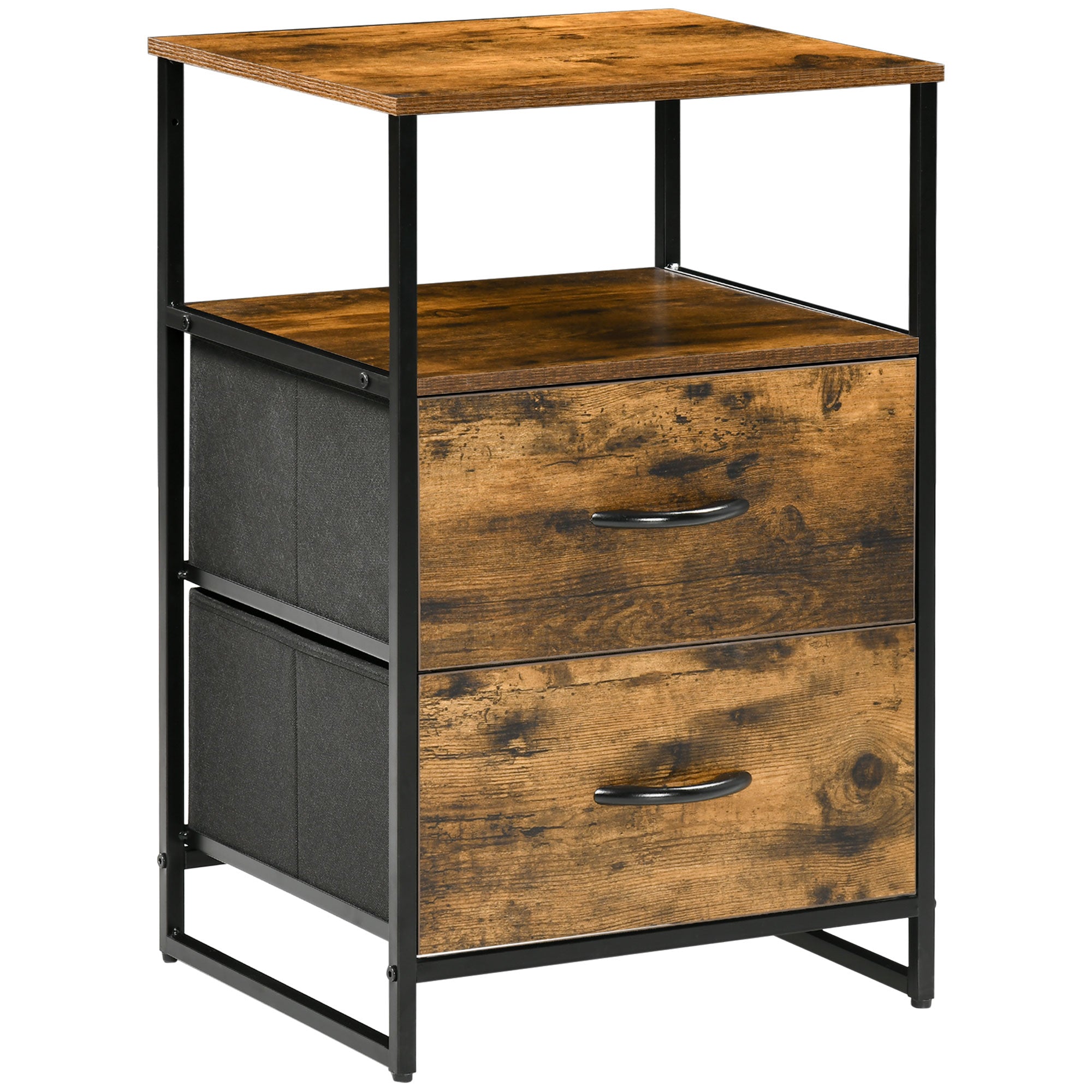 Fabric Drawer Storage Cabinet with 2 Drawers, Shelf Chest with Steel Frame Cabinet for Bedroom, Living Room Rustic Brown