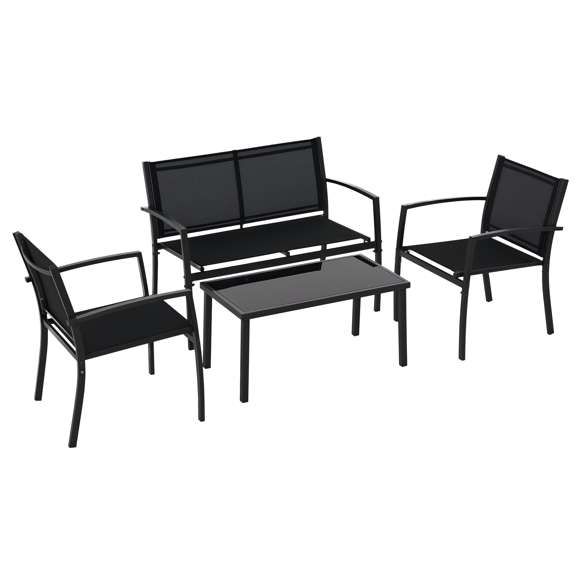 4-Piece Outdoor Garden Set with 2 Chairs, 1 Two-Seater Sofa, and Black Tempered Glass Coffee Table
