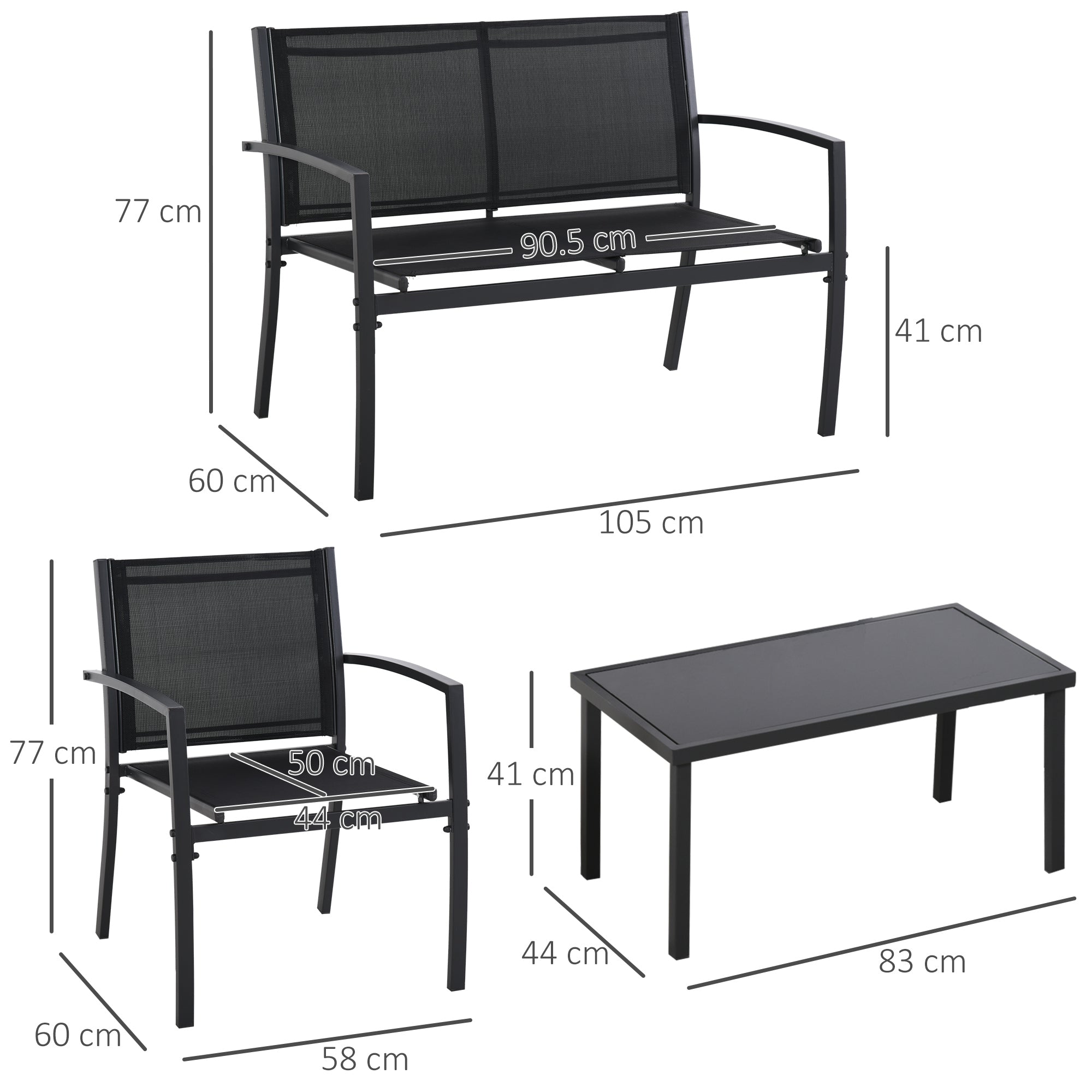 4-Piece Outdoor Garden Set with 2 Chairs, 1 Two-Seater Sofa, and Black Tempered Glass Coffee Table