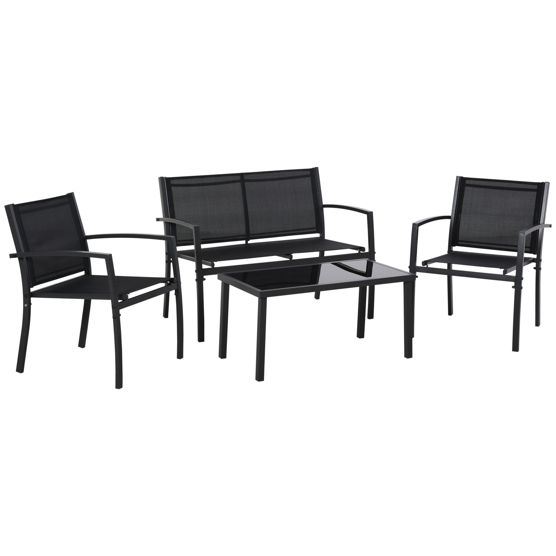 4-Piece Outdoor Garden Set with 2 Chairs, 1 Two-Seater Sofa, and Black Tempered Glass Coffee Table