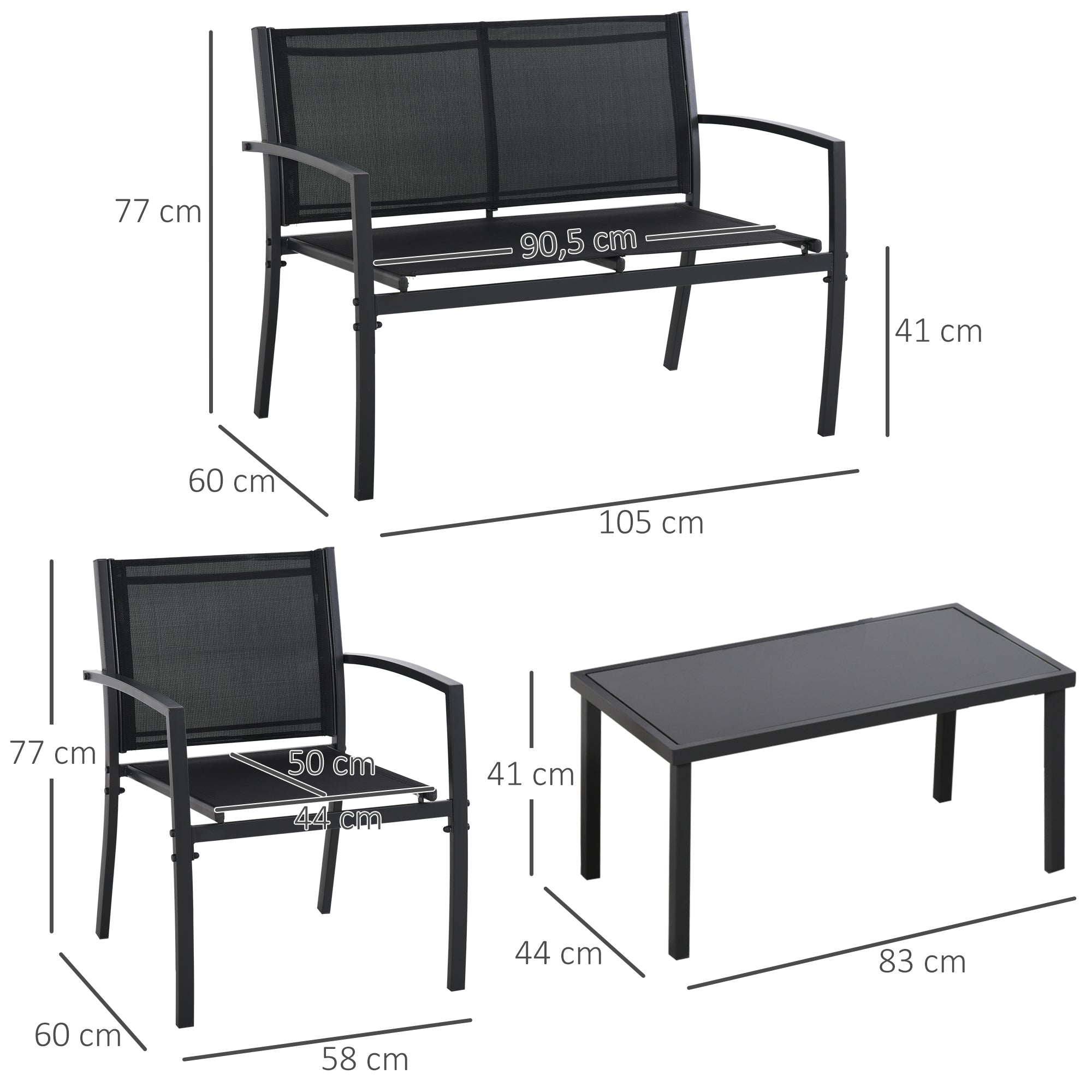 4-Piece Outdoor Garden Set with 2 Chairs, 1 Two-Seater Sofa, and Black Tempered Glass Coffee Table