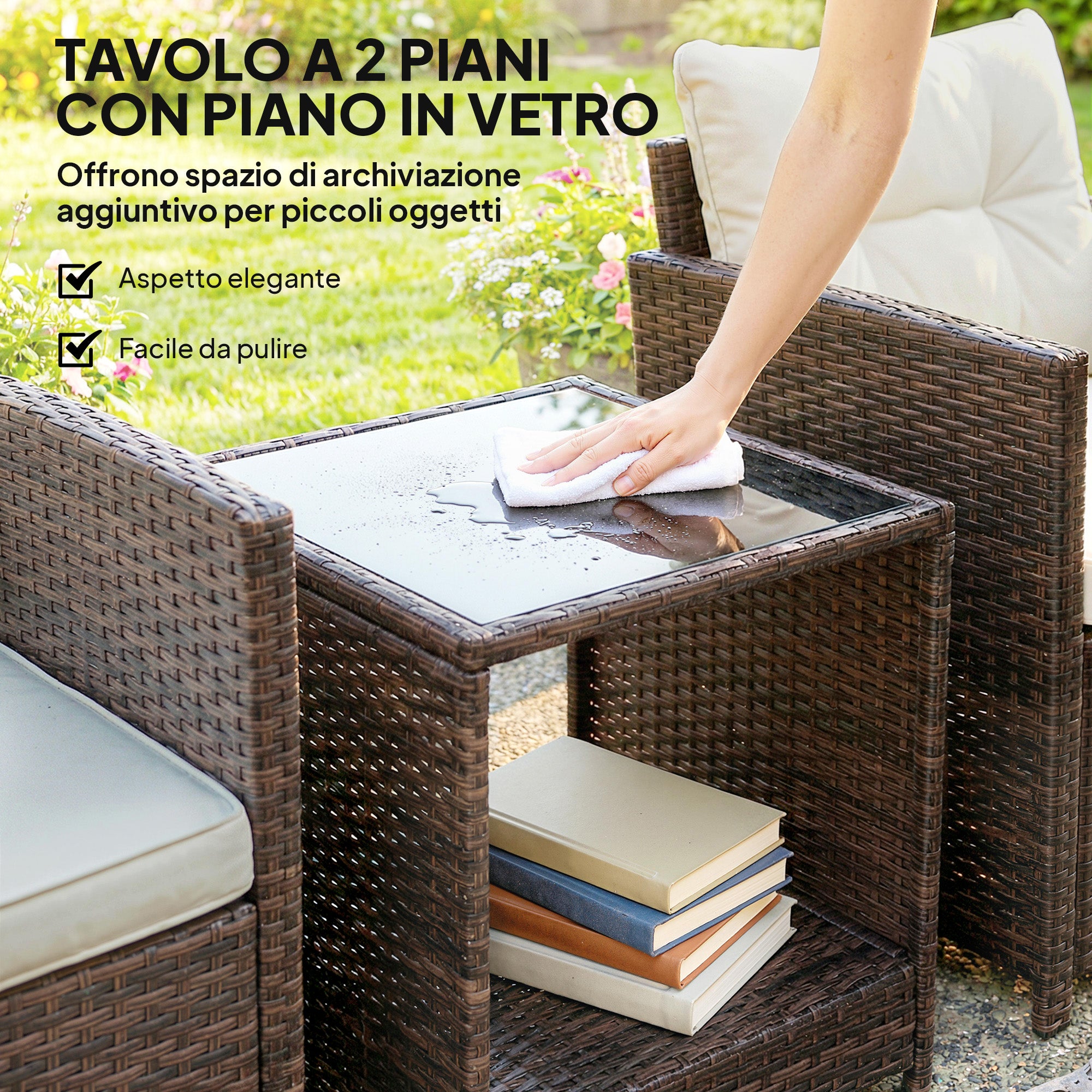3-Piece PE Rattan Garden Set — 2 Armchairs with Cushions & Glass-Top Coffee Table, Brown & Cream — Balcony/Patio