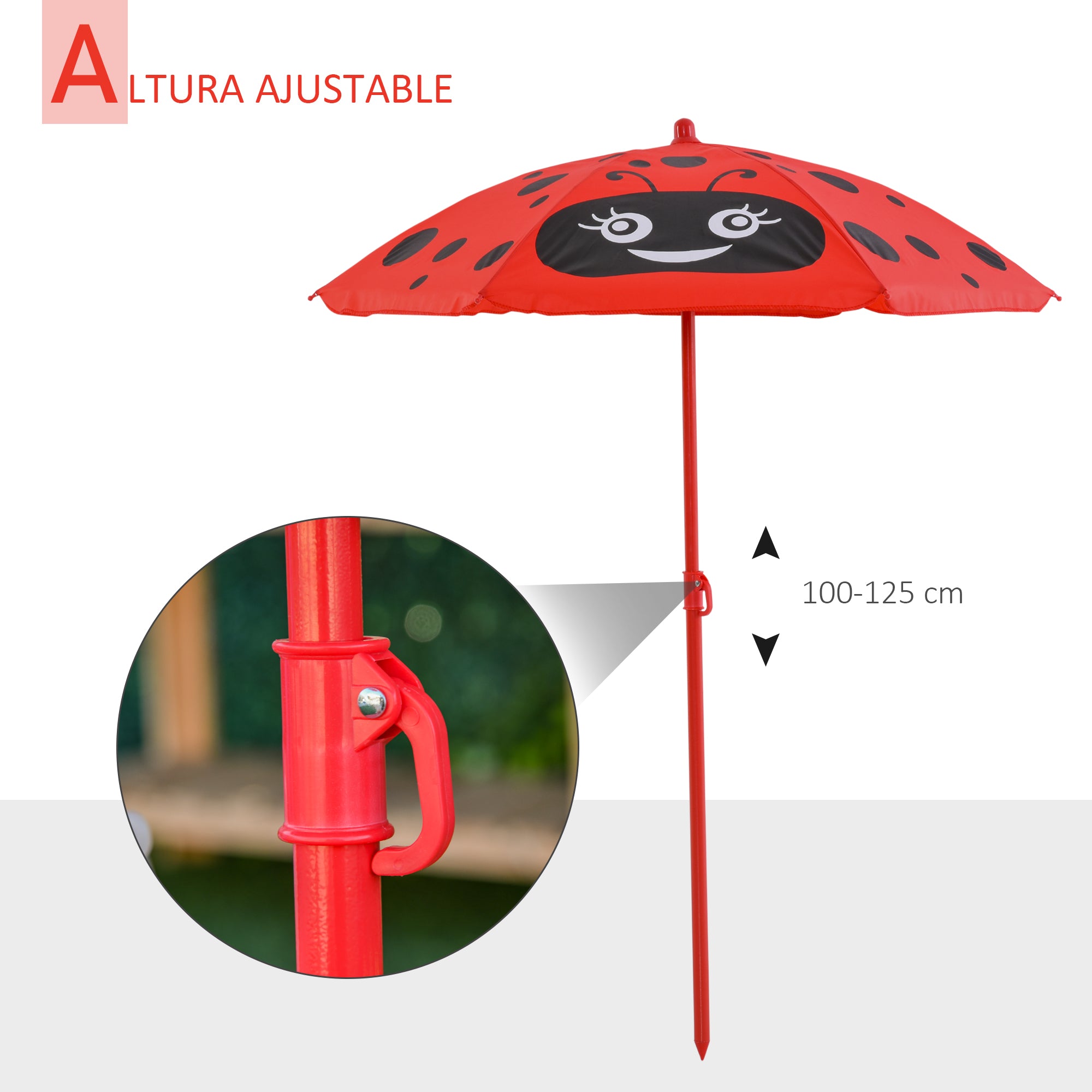 Kids Garden Table and Chairs Set Picnic Folding Set for Children Table Set with Adjustable Umbrella 100-125 cm Height Red Ladybug Design