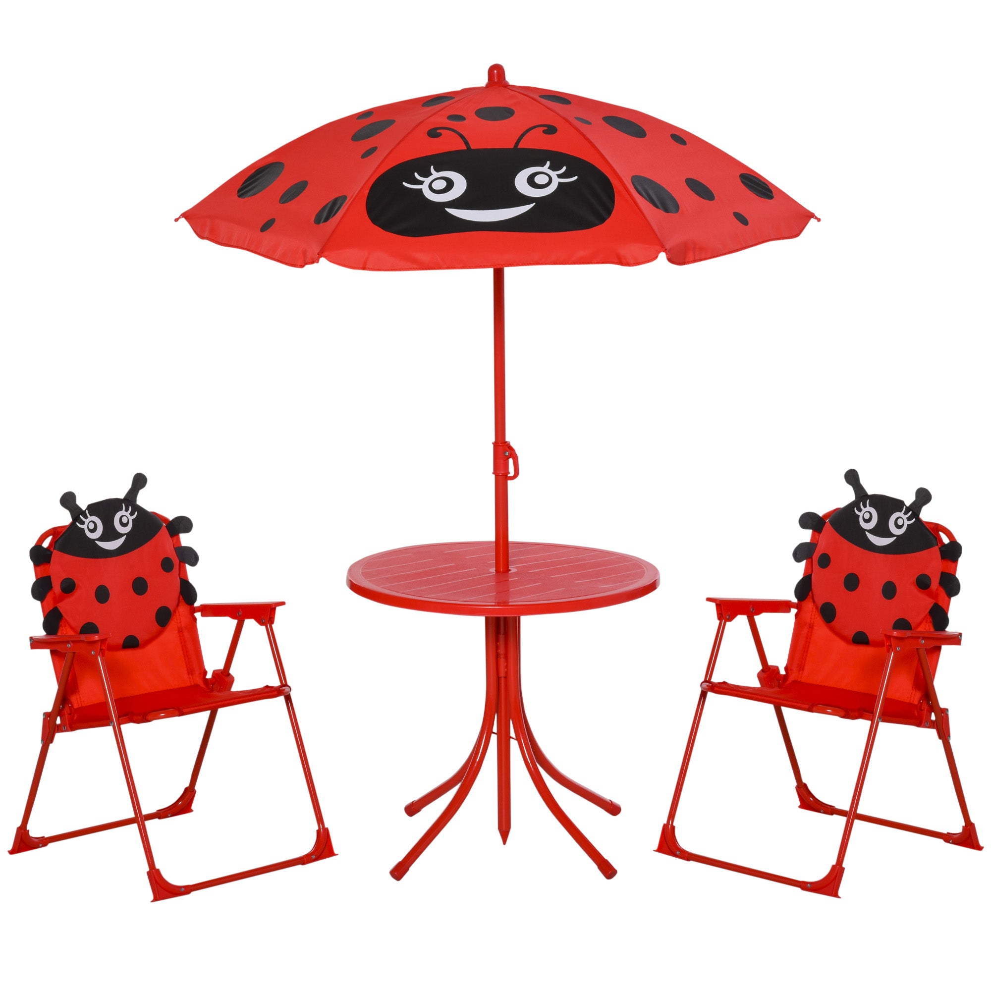 Kids Garden Table and Chairs Set Picnic Folding Set for Children Table Set with Adjustable Umbrella 100-125 cm Height Red Ladybug Design