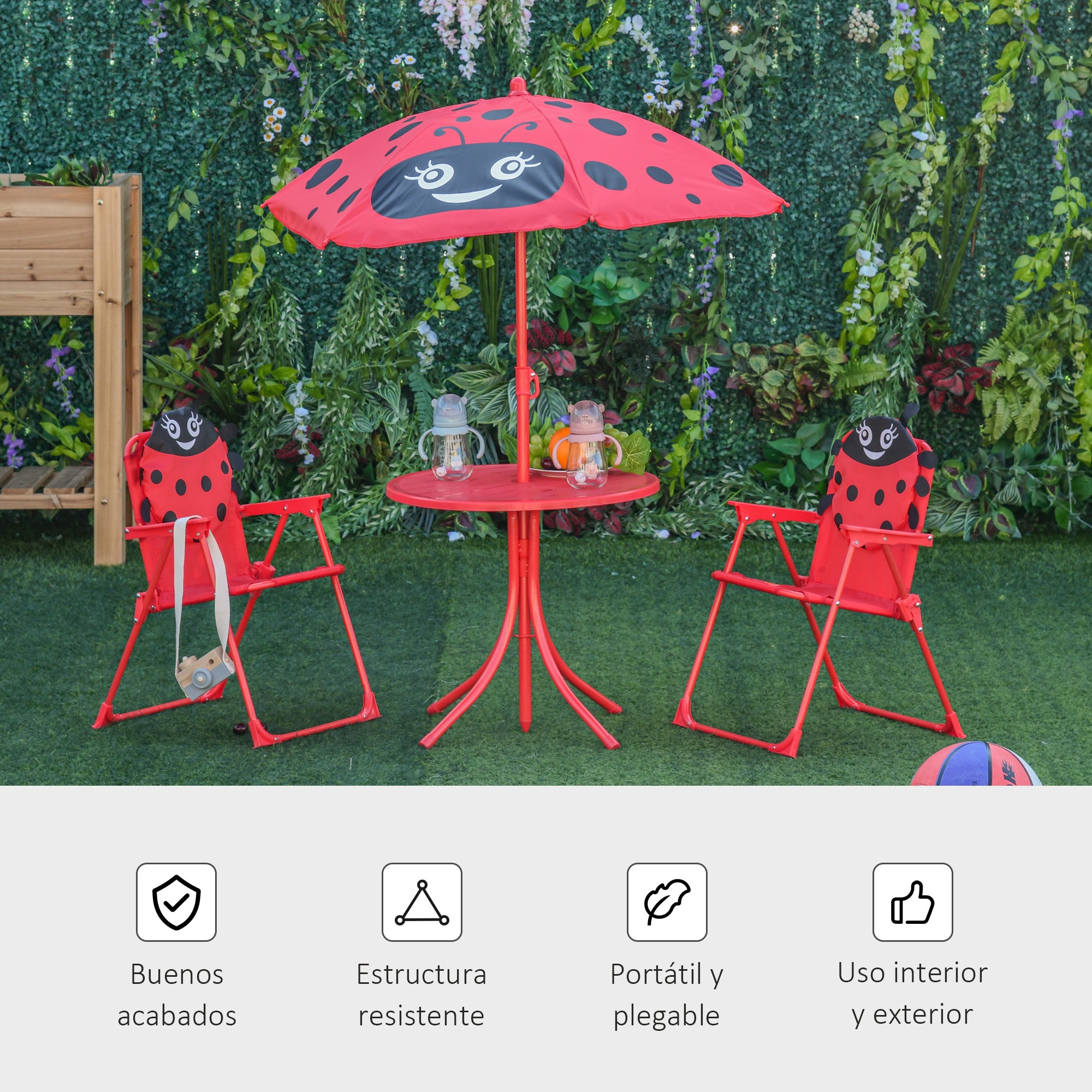 Kids Garden Table and Chairs Set Picnic Folding Set for Children Table Set with Adjustable Umbrella 100-125 cm Height Red Ladybug Design