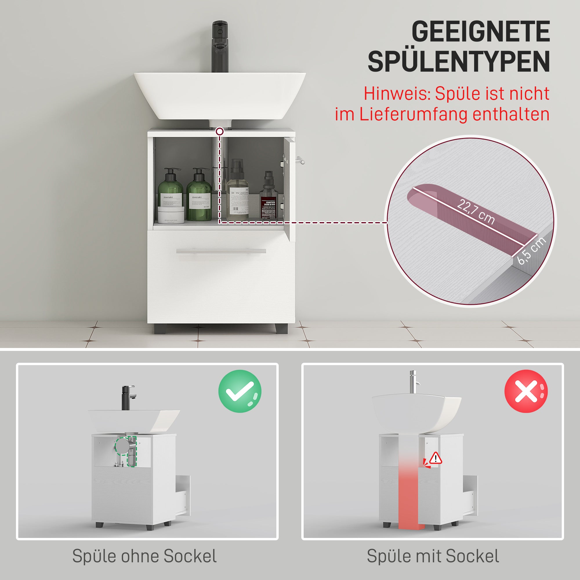 Sink Cabinet Under Cabinet with Cabinet Compartment, Drawer, Vanity Cabinet, Bathroom Cabinet with Anti-Tip Device for Wall-Mounted Basins White, 41.5 x 35.5 x 59 cm