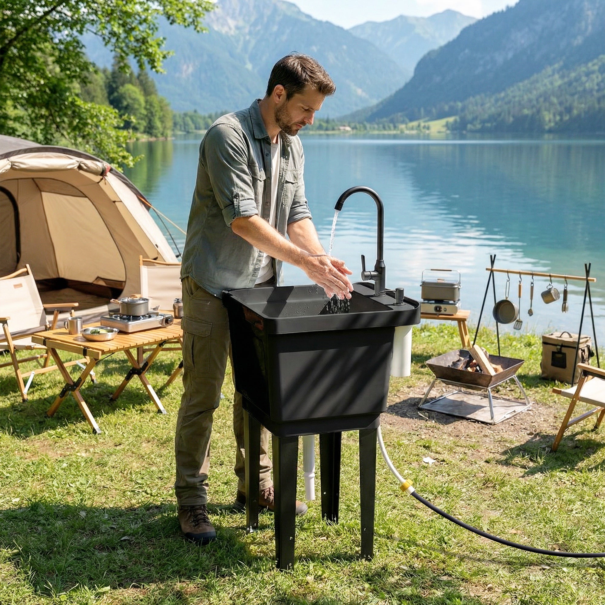Portable Camping Sink with Faucet and 300 ml Soap Dispenser, Inlet & Drain Hoses — Mobile Outdoor Wash Station, Black