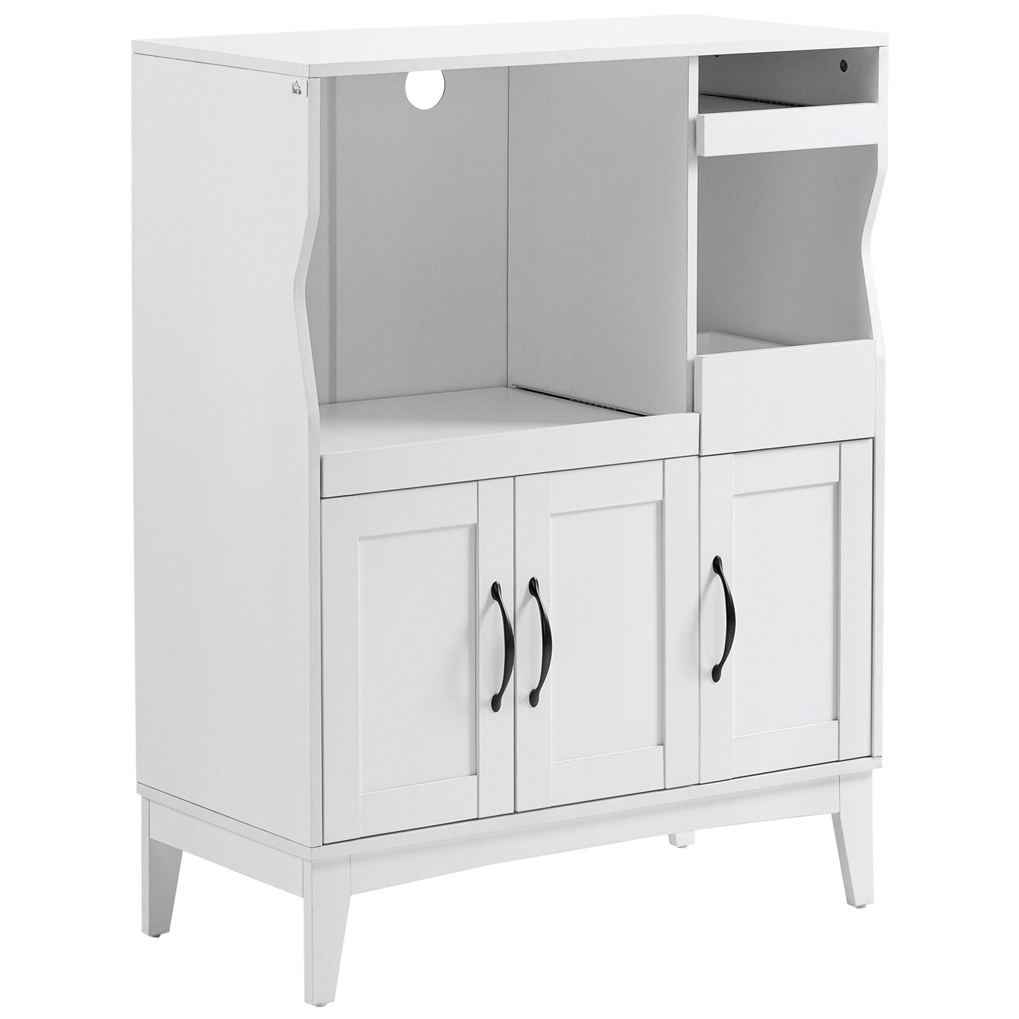 Space-Saving Kitchen Cabinet with 2 Cabinets and Drawer and Pull-Out Shelves, Microwave Stand with Adjustable Shelves in Wood, 84x39x109 cm, White
