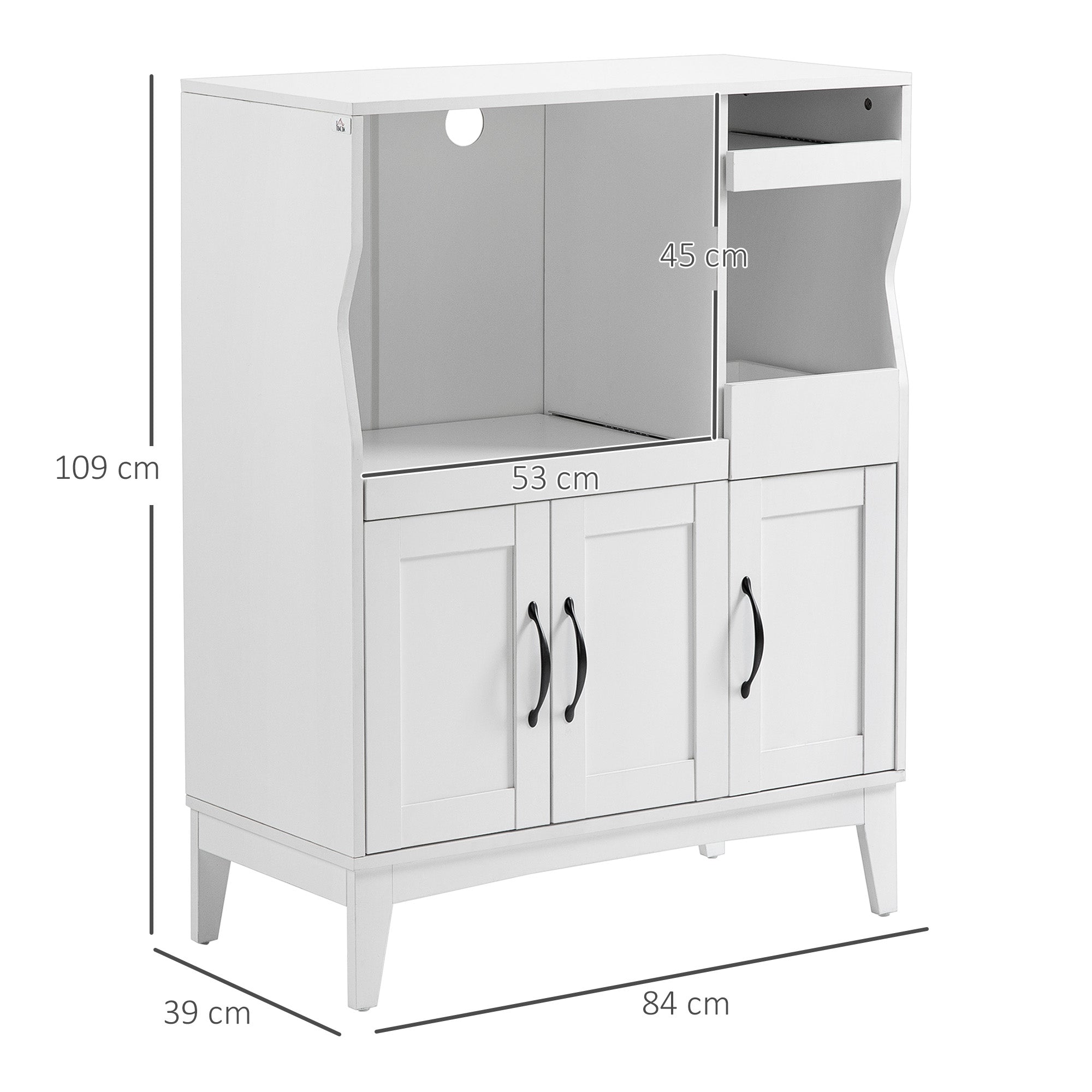 Space-Saving Kitchen Cabinet with 2 Cabinets and Drawer and Pull-Out Shelves, Microwave Stand with Adjustable Shelves in Wood, 84x39x109 cm, White