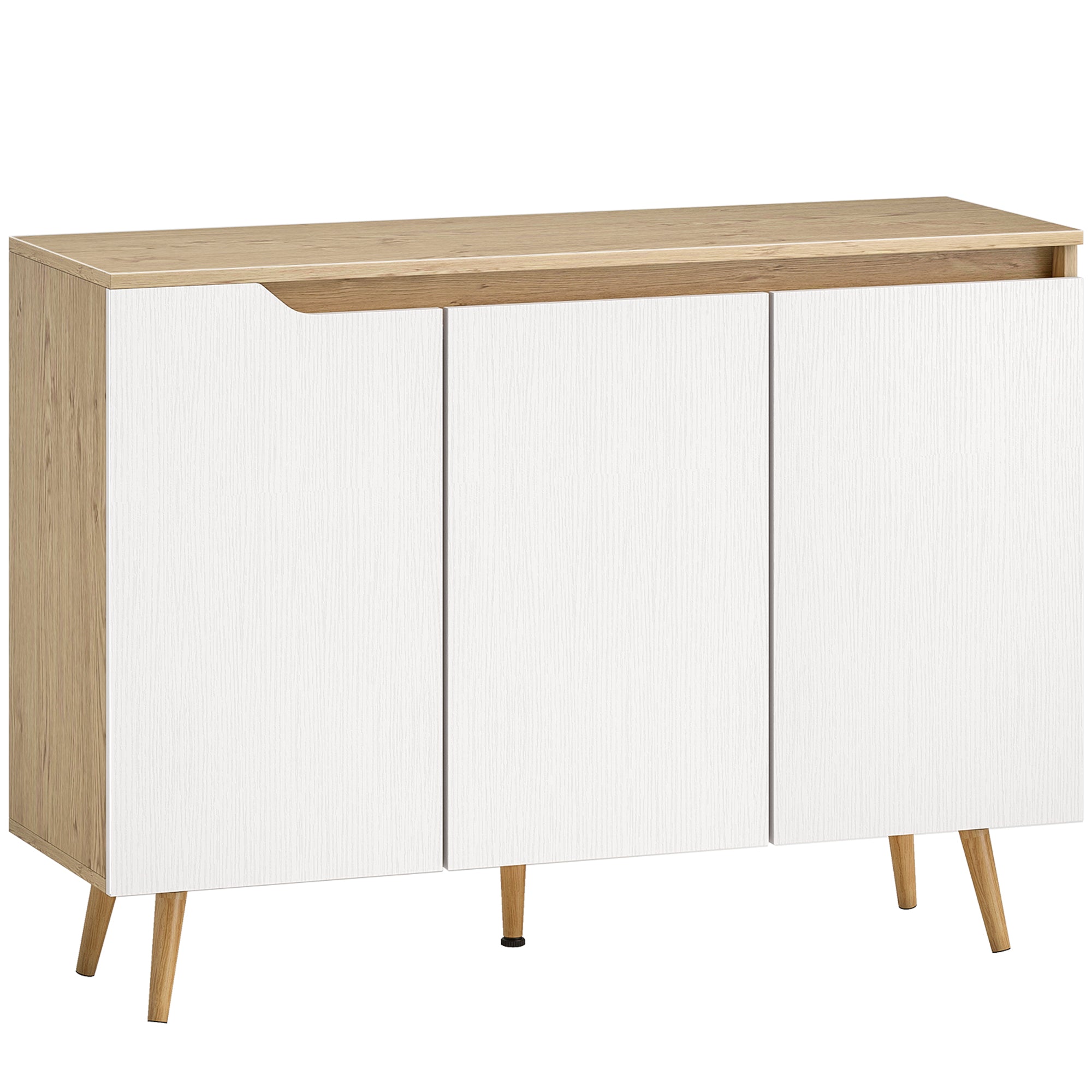 Sideboard Cabinet, 3 Doors, 2 Adjustable Shelves, 5 Hevea Rubberwood Legs, Rustic Oak & White, 107 x 35 x 76.5 cm (42.1 x 13.8 x 30.1 in)