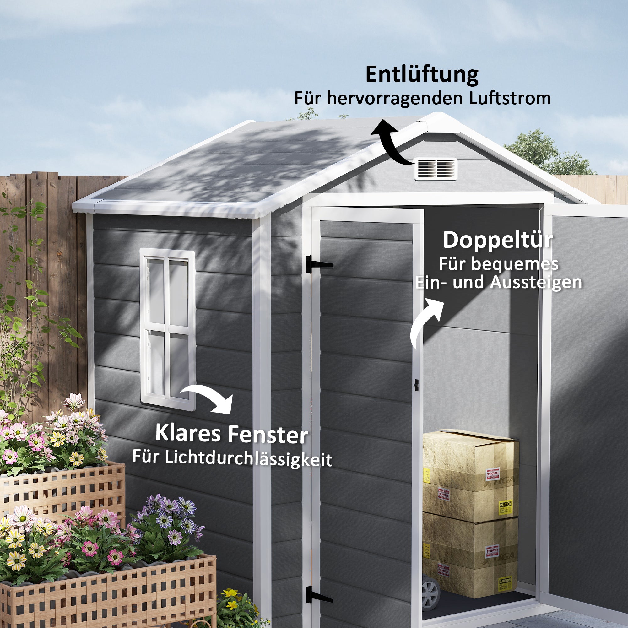 Tool Shed 2.12m² 183x134x210 cm Equipment Shed with Gable Roof Lockable Door Windows Floor Plate Weatherproof Garden House Outdoor Garden Shed Cabinet for Backyard Exterior Gray