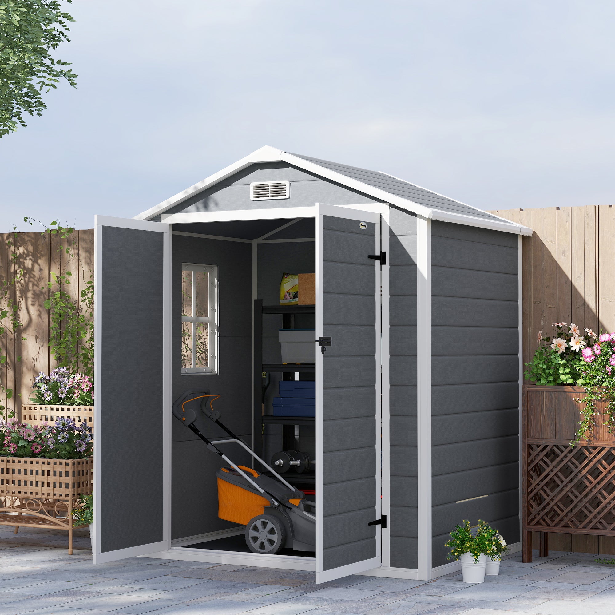 Tool Shed 2.12m² 183x134x210 cm Equipment Shed with Gable Roof Lockable Door Windows Floor Plate Weatherproof Garden House Outdoor Garden Shed Cabinet for Backyard Exterior Gray