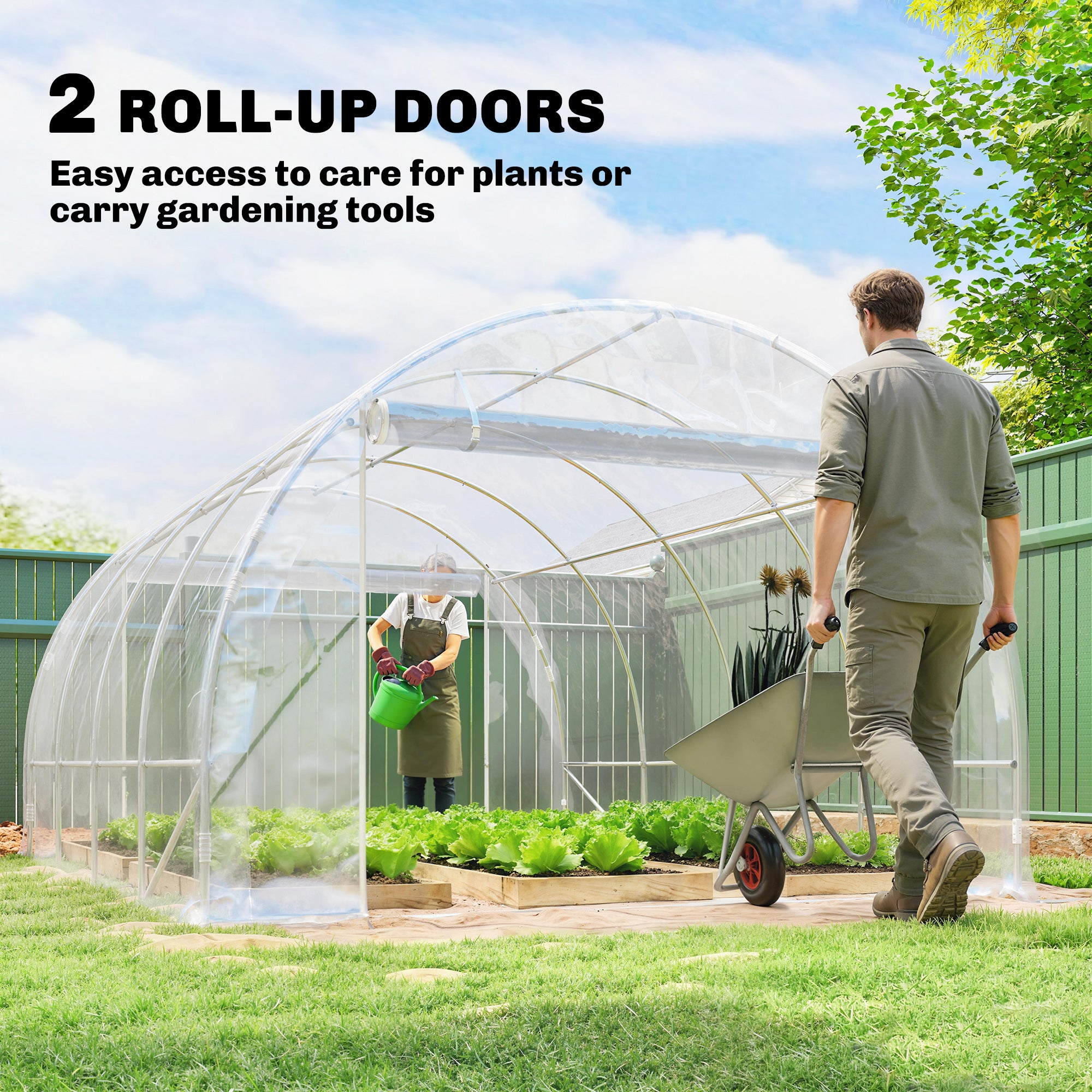 3×4×2 m Tunnel Garden Greenhouse with 2 Roll-Up Doors — Steel Frame, UV-Resistant PE Cover, 4 Diagonal Braces, Transparent