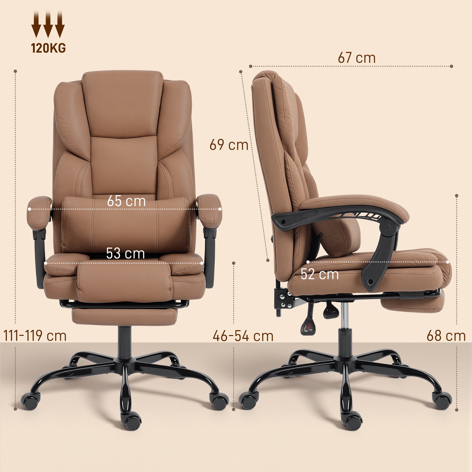 Ergonomic Office Chair with Footrest — Adjustable Height, Lumbar Support, 360° Swivel, Pet-Friendly PU Leather, Brown