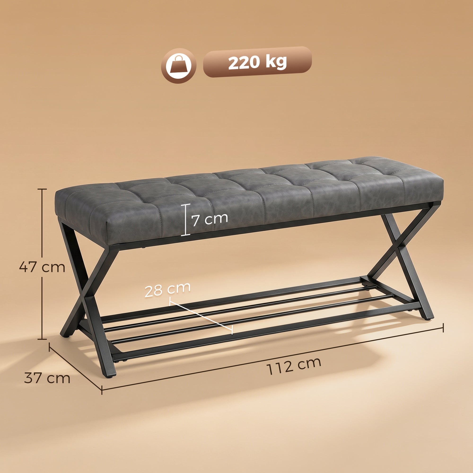 Padded Shoe Bench with Storage — Industrial X-Frame Steel, PU Leather, 485 lb Capacity, 44.1 x 14.6 x 18.5 in (112×37×47 cm), Dark Gray