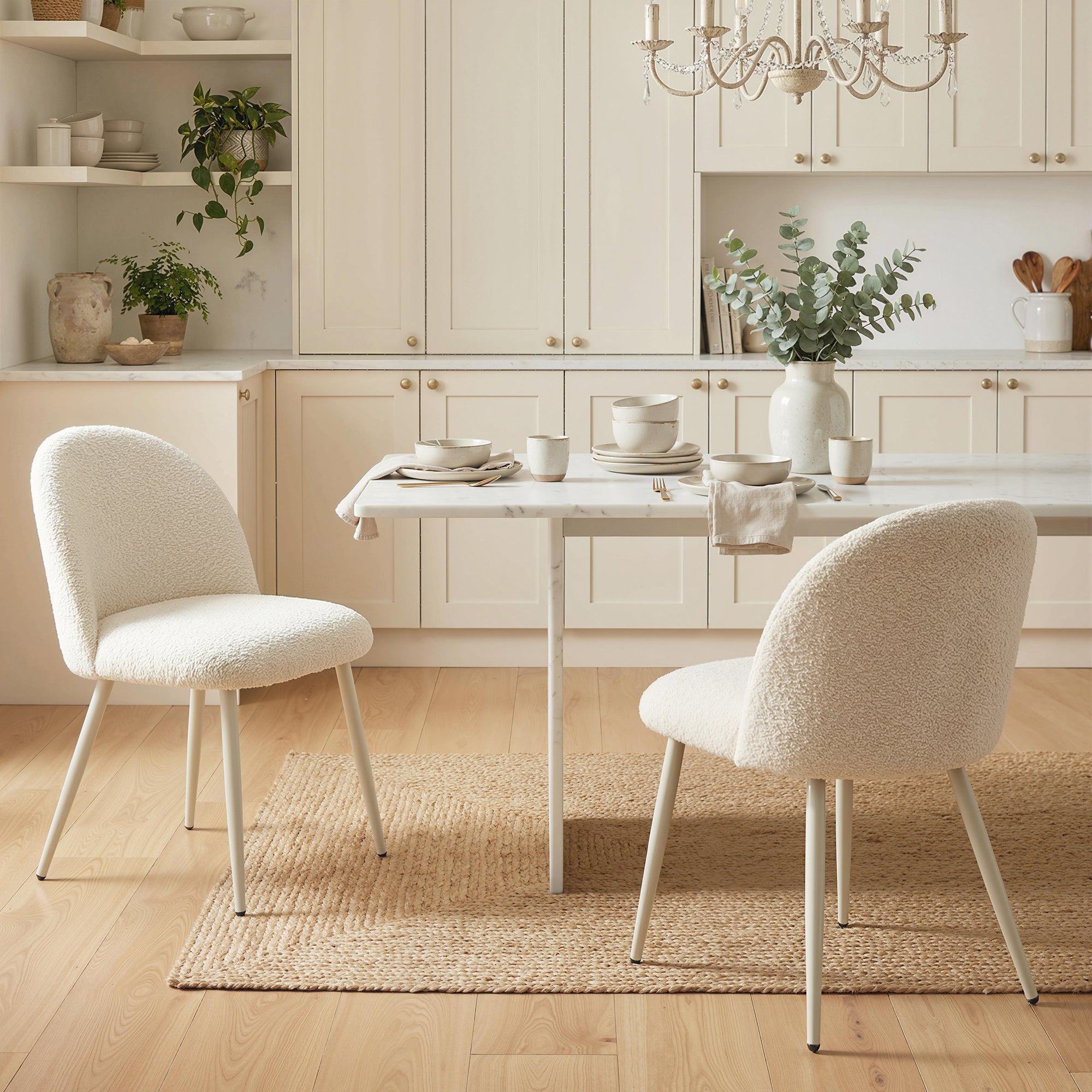 2-Pack Dining Chairs with Backrest, Cream Chenille Upholstery — Scandinavian Upholstered Side Chairs with Metal Legs