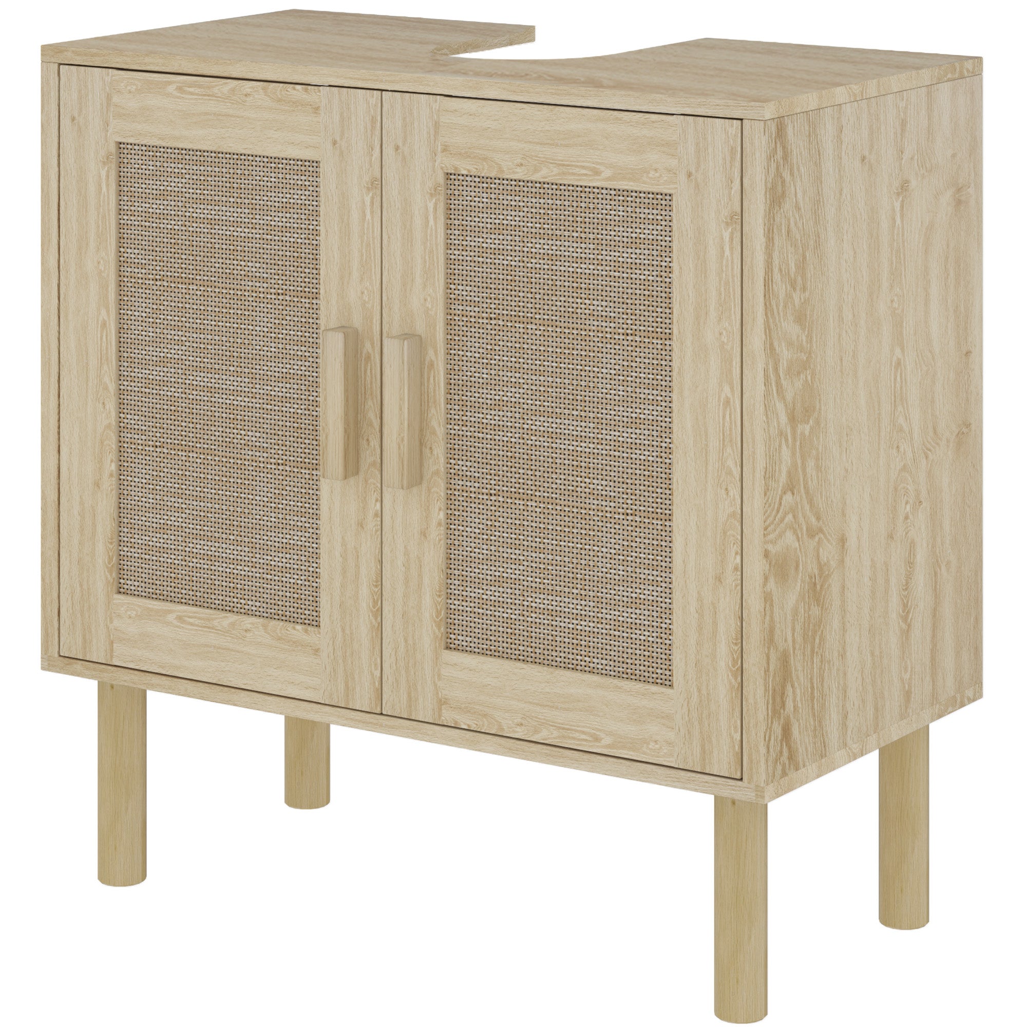 Bathroom Vanity Unit, Under Sink Storage, Rattan Doors, Bohemian Style, Pine Wood Legs, 2 Tiers, 60 x 30 x 60 cm, Oak
