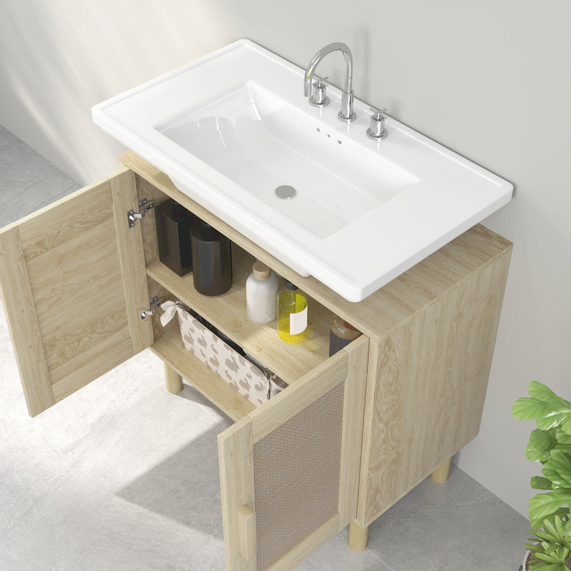 Bathroom Vanity Unit, Under Sink Storage, Rattan Doors, Bohemian Style, Pine Wood Legs, 2 Tiers, 60 x 30 x 60 cm, Oak