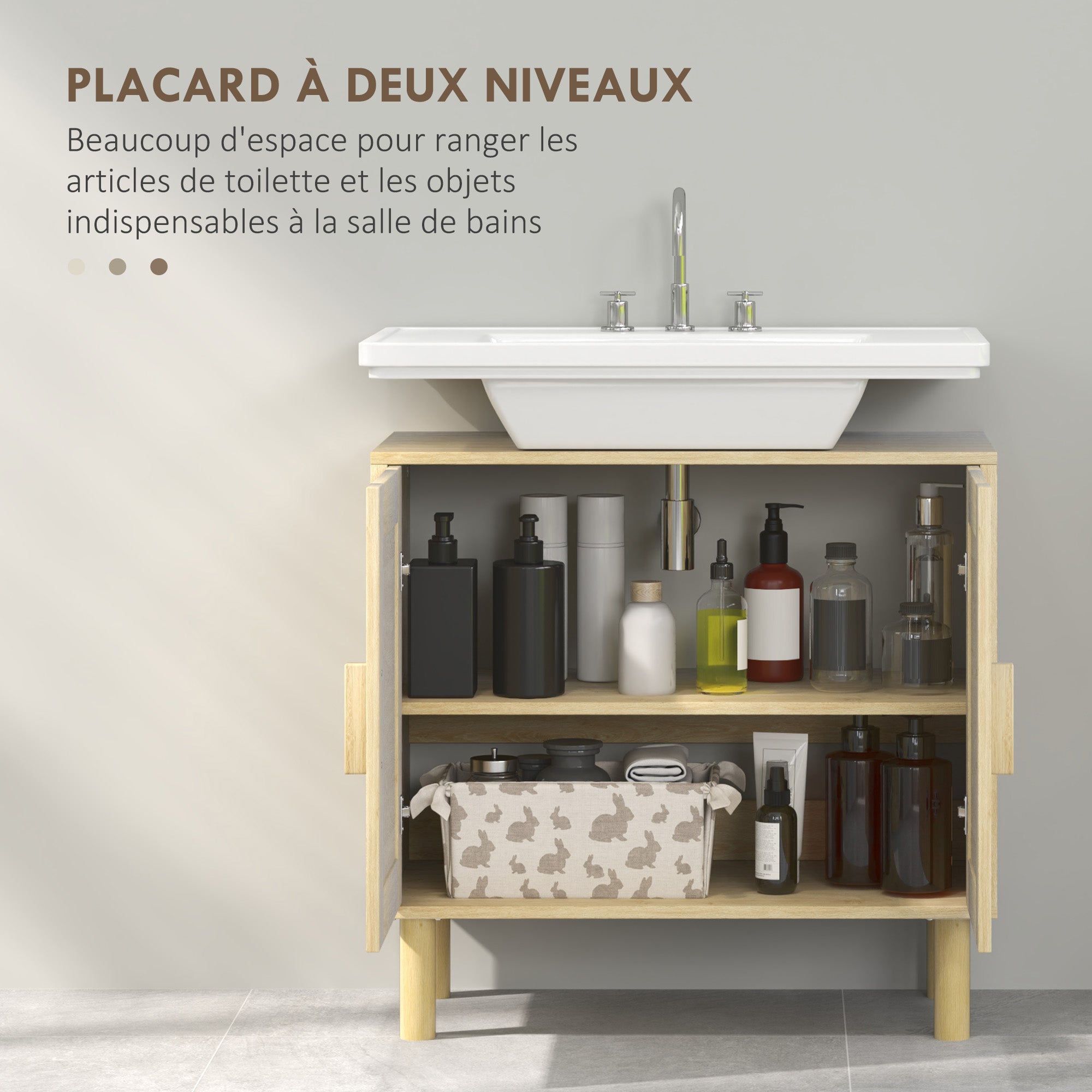 Bathroom Vanity Unit, Under Sink Storage, Rattan Doors, Bohemian Style, Pine Wood Legs, 2 Tiers, 60 x 30 x 60 cm, Oak