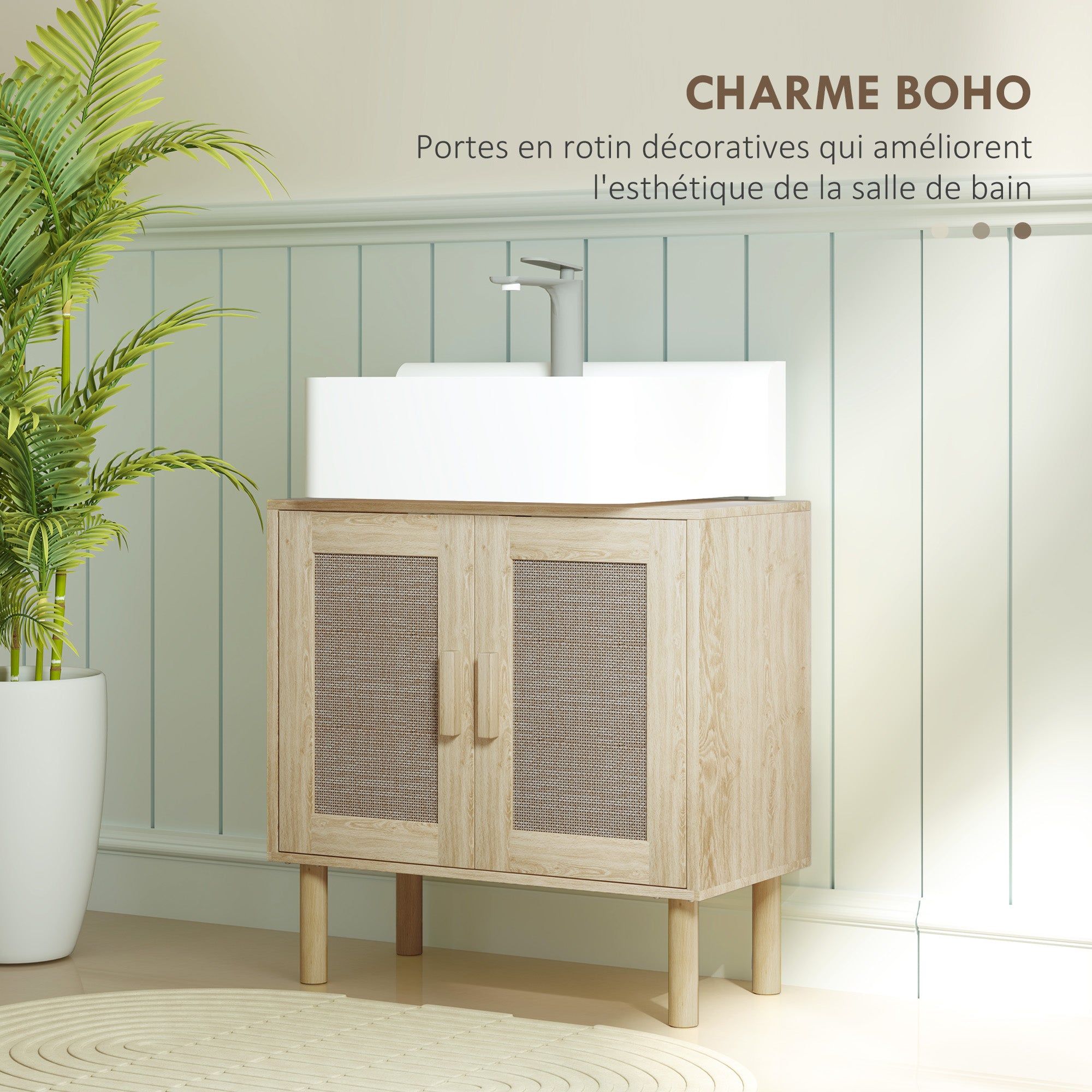 Bathroom Vanity Unit, Under Sink Storage, Rattan Doors, Bohemian Style, Pine Wood Legs, 2 Tiers, 60 x 30 x 60 cm, Oak
