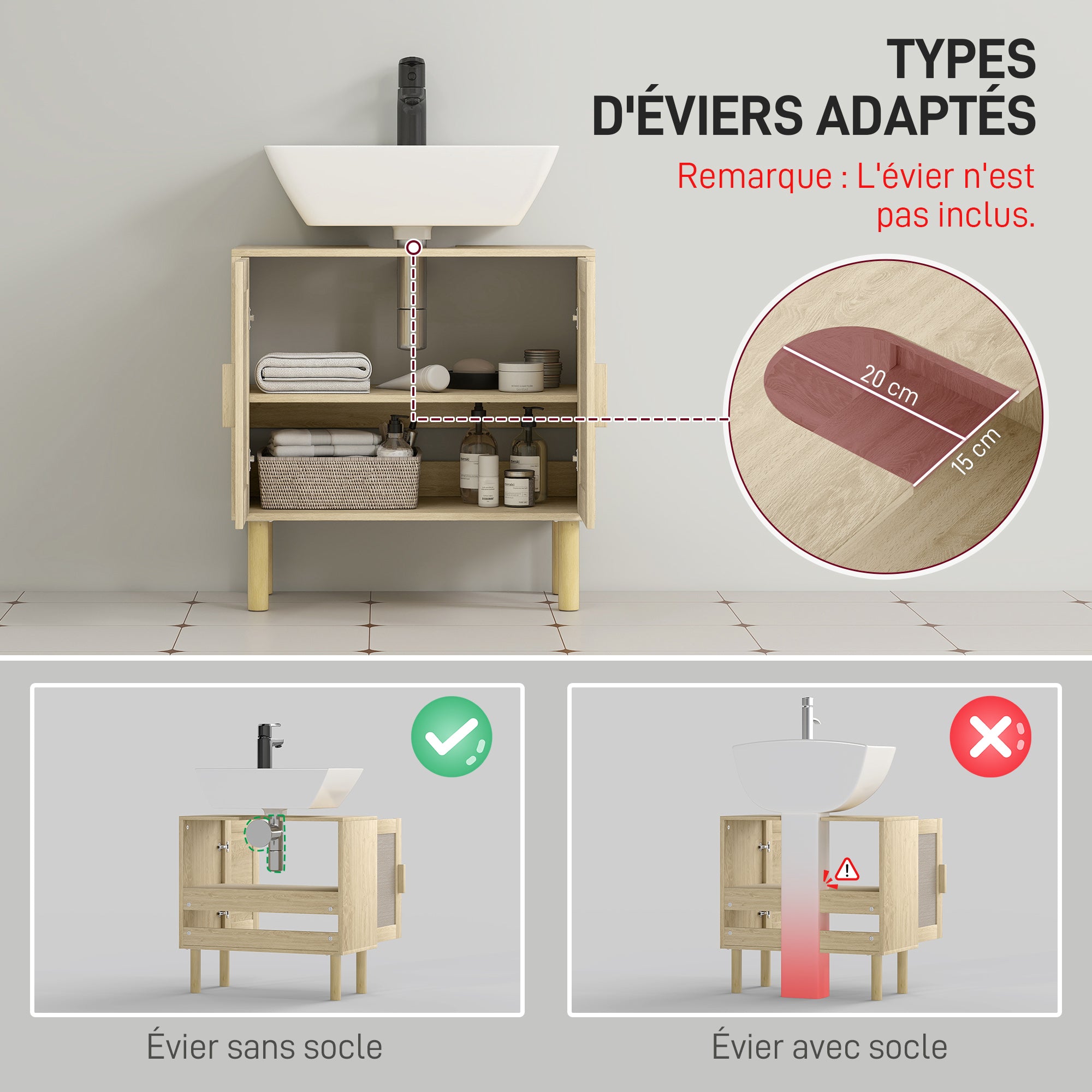 Bathroom Vanity Unit, Under Sink Storage, Rattan Doors, Bohemian Style, Pine Wood Legs, 2 Tiers, 60 x 30 x 60 cm, Oak