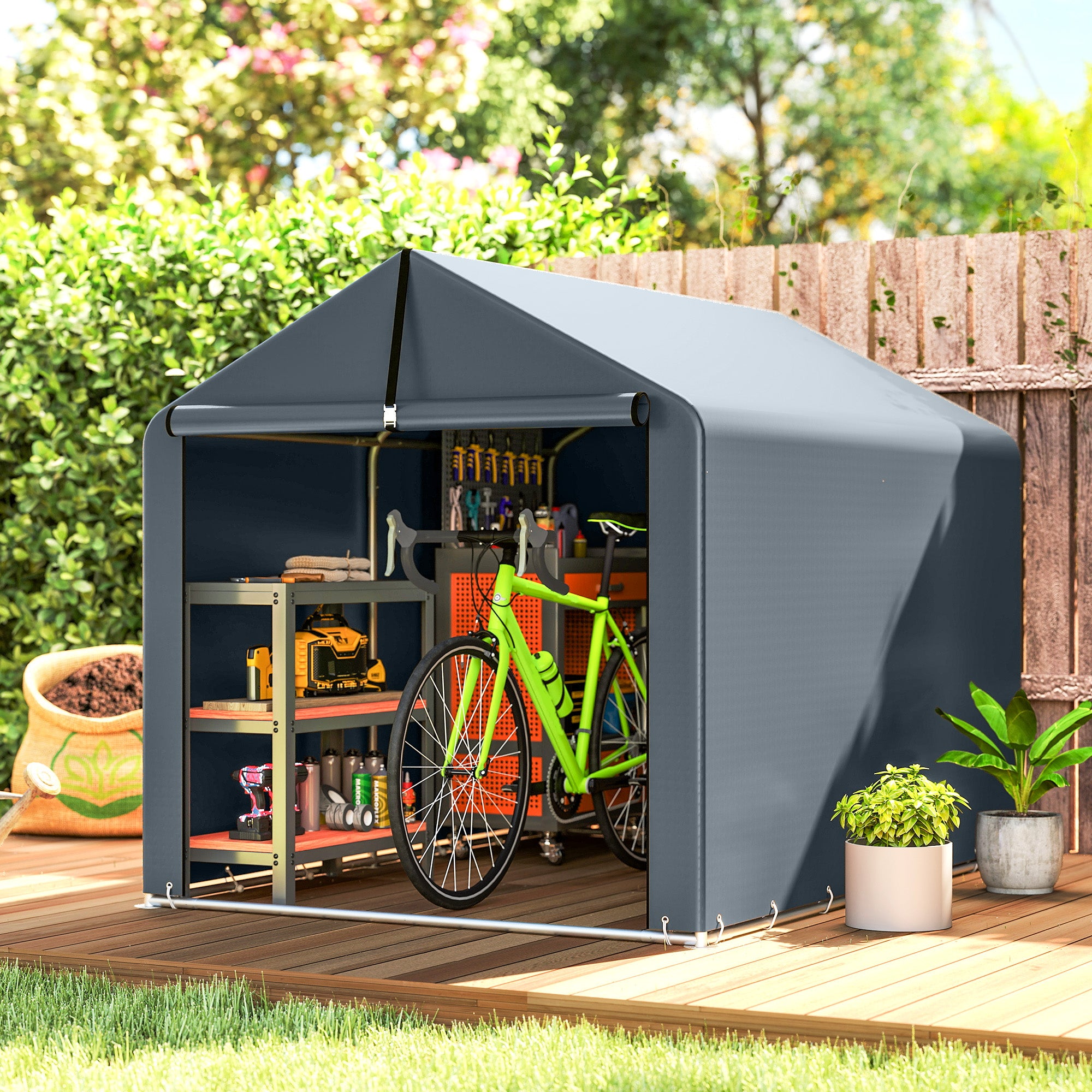 7.2 x 5.2 ft Waterproof Storage Tent with Roll-Up Zipper Door, Gable Roof Steel Frame, UV-Resistant — Dark Gray