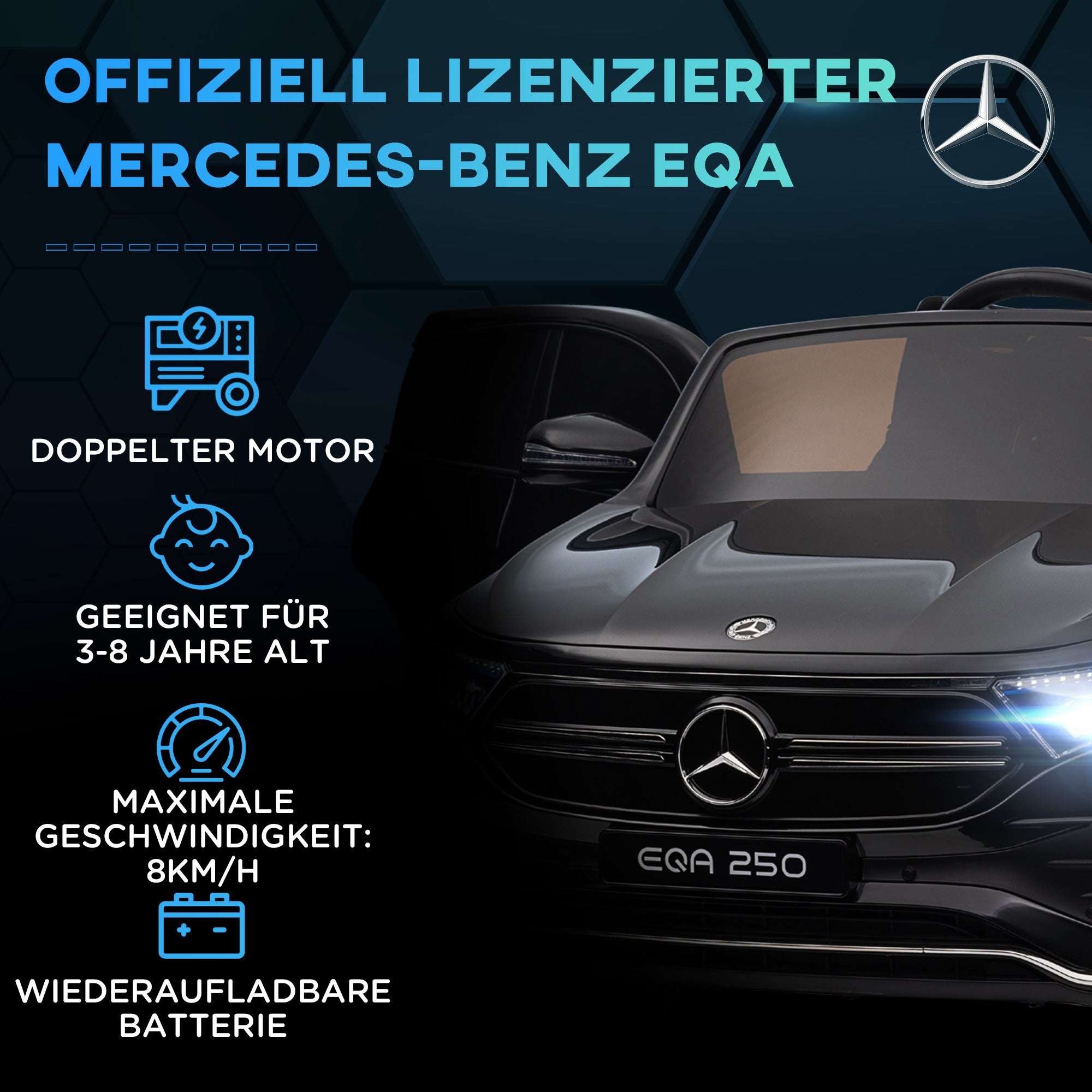 Kids Electric Car 12V Mercedes-Benz EQA Electric Vehicle with Remote Control, Kids Car with MP3 Player, Headlights, Portable Battery, 3-8 km/h, for Kids Ages 3-8, Black