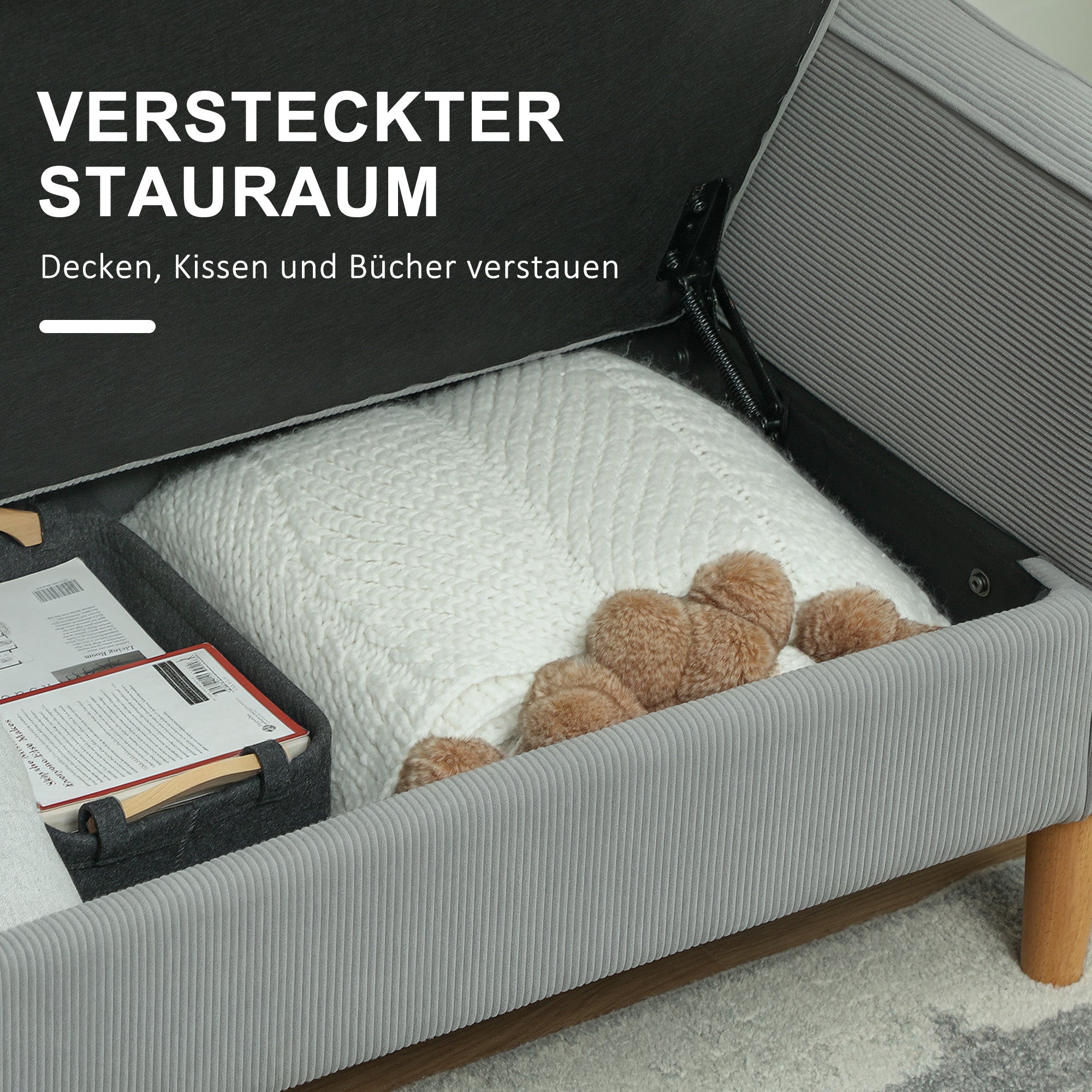 Sofa 2 Seater Small Couch with Armrest, Storage Space, Modern Upholstered Sofa with Corduroy Look, Wooden Legs, Pillows, Lounge Sofa for Living Room, Bedroom, 117 x 63 x 79 cm, Light Gray