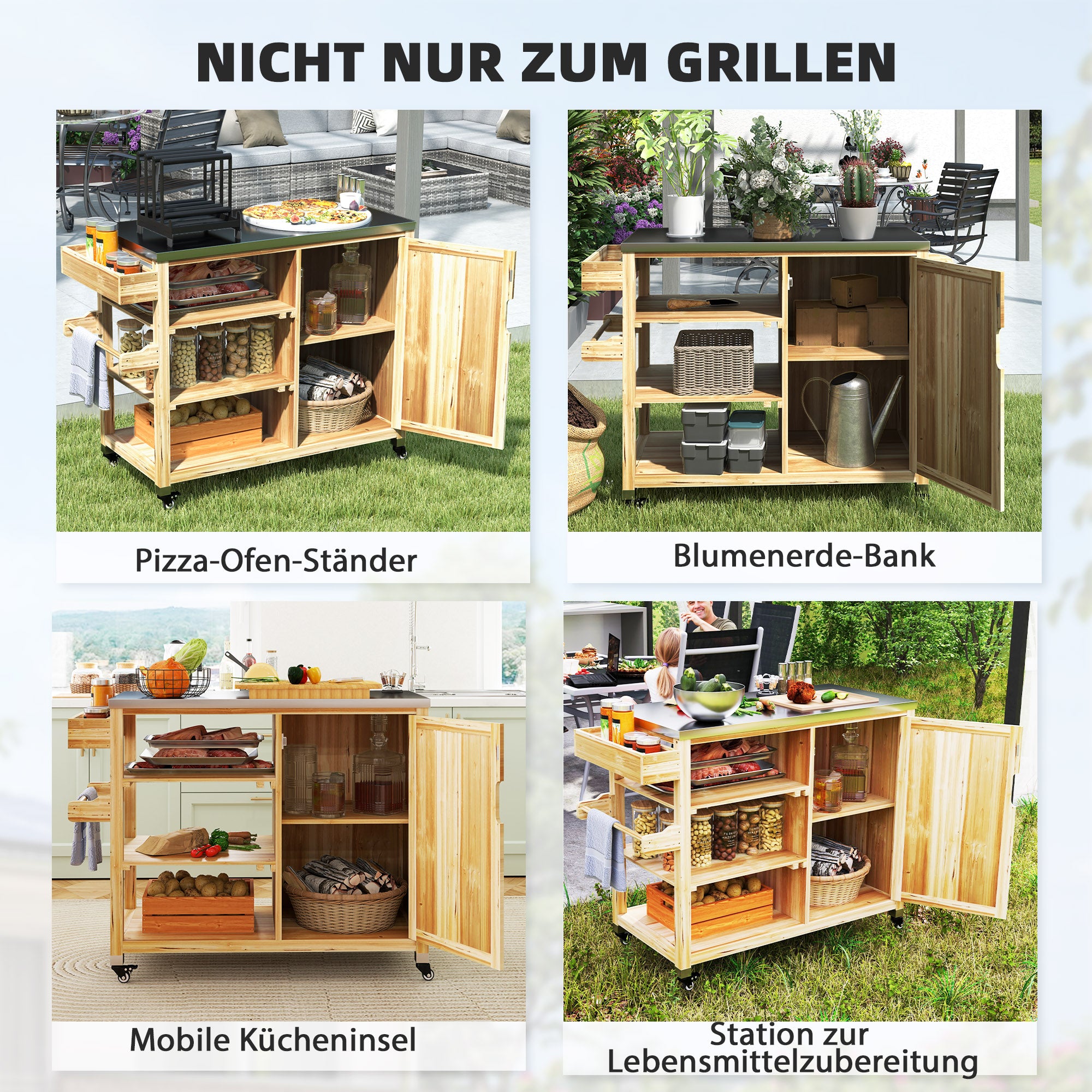 Grill Cart 6-Tier Serving Cart with Work Surface Towel Rack, BBQ Grill Table with Wood, Grill Side Table, Outdoor Trolley, Charcoal Grill for Garden, Patio 134.5x50x91.5cm Natural Wood