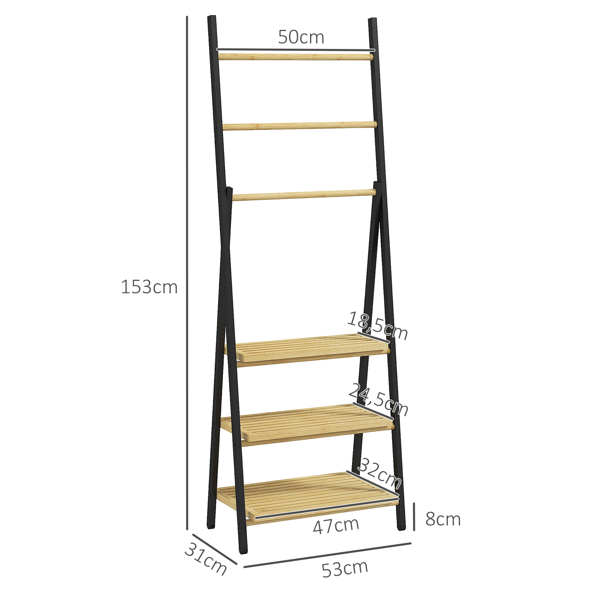 Folding Floor Standing Towel Rack Bathroom Towel Holder with 3 Hanging Bars and 3 Bamboo Shelves Black Metal Frame