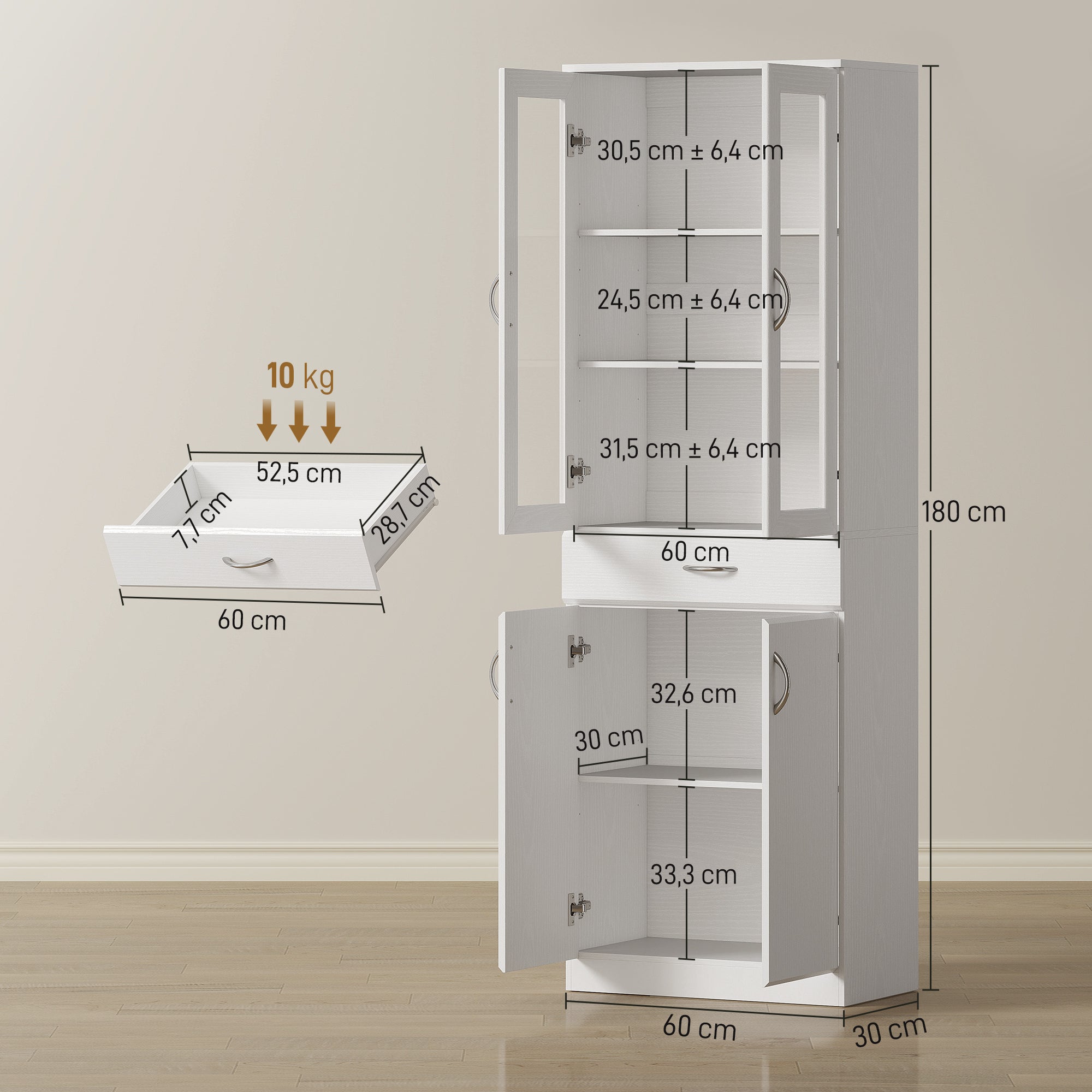 Tall Kitchen Pantry Cabinet with Glass Doors, Drawer & Adjustable Shelves, White, 23.6 x 13.8 x 70.9 in