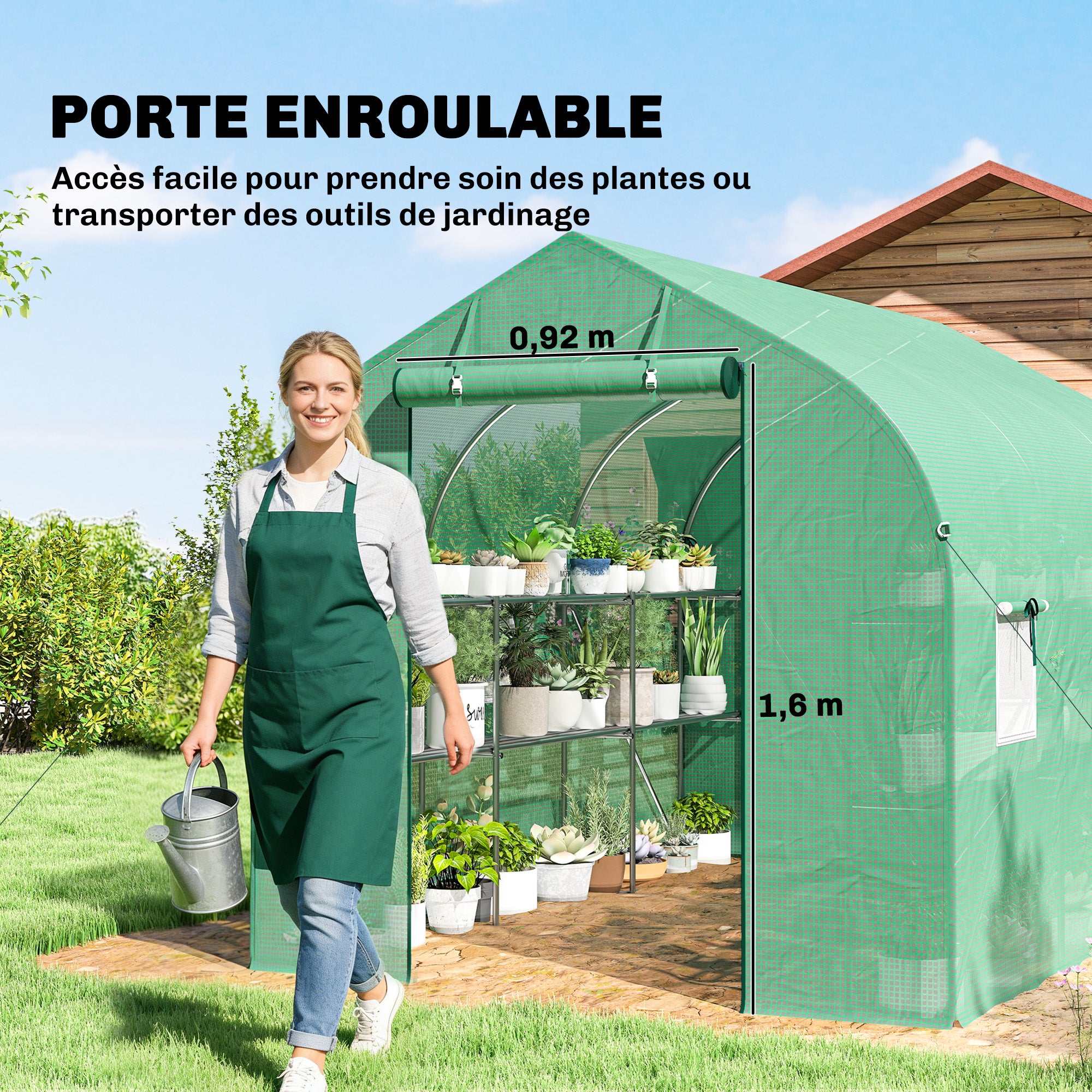 6 m² Tunnel Greenhouse with Shelves, 198 x 293 x 194 cm (78 x 115 x 76 in) — Galvanized Frame, Roll-Up Door, 6 Mesh Windows, 140 g/m² PE Cover — Green