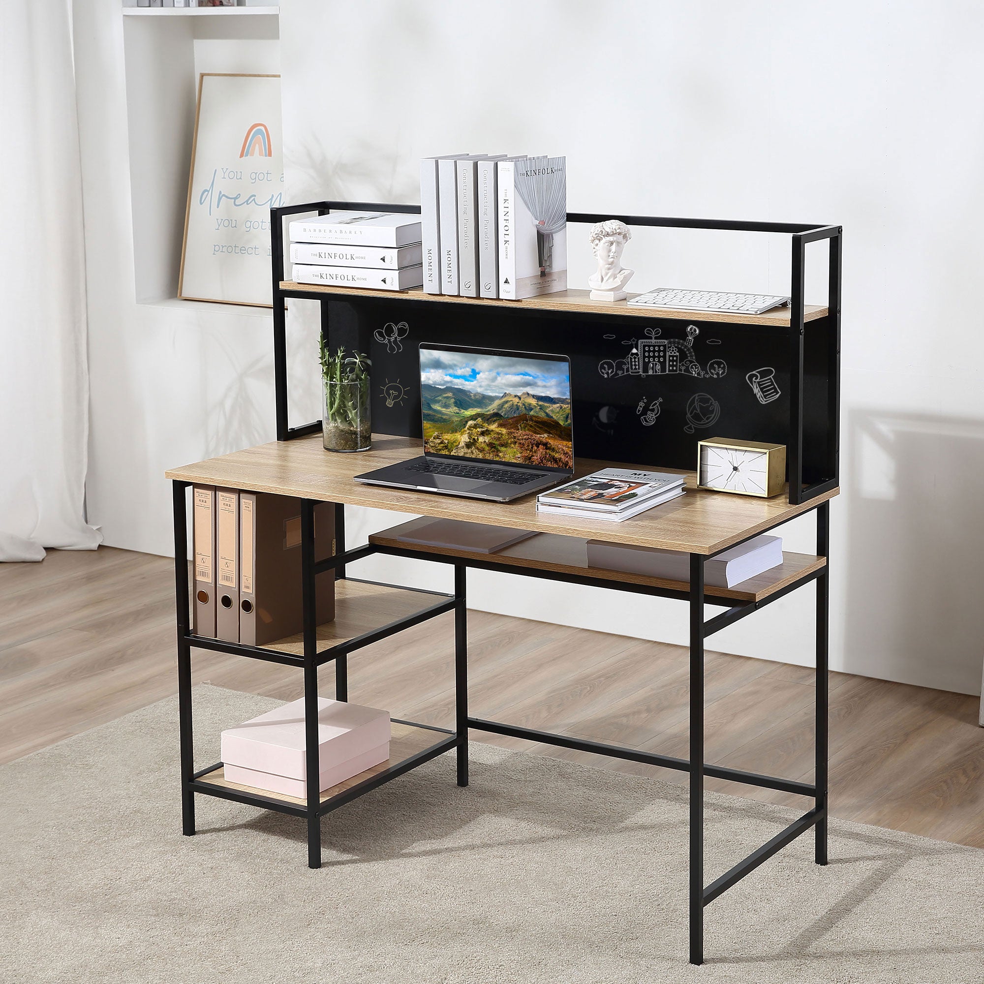 Desk with storage computer desk with 4 shelves, large tabletop, and black panel for living room bedroom 120L x 53W x 126H cm, oak and black