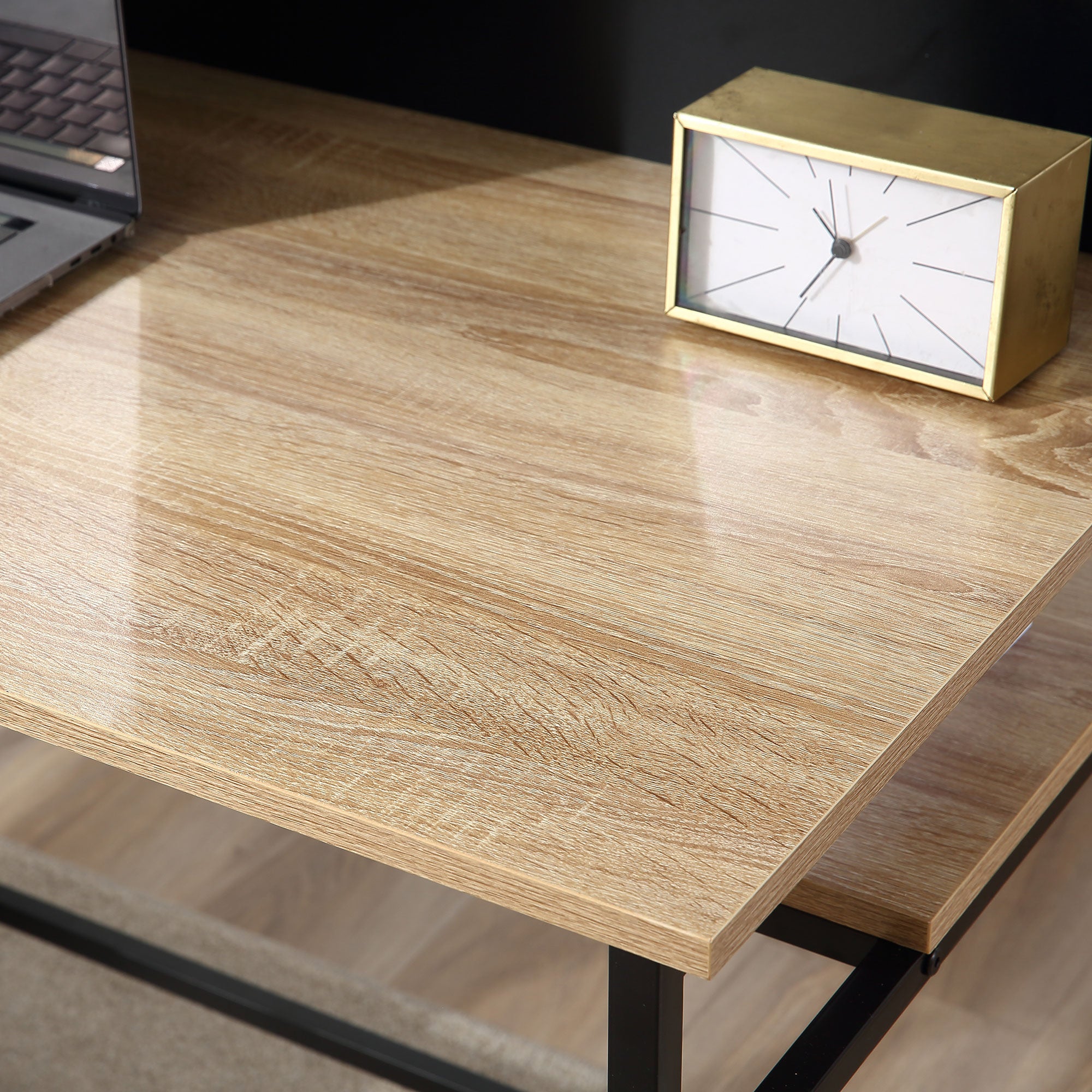 Desk with storage computer desk with 4 shelves, large tabletop, and black panel for living room bedroom 120L x 53W x 126H cm, oak and black