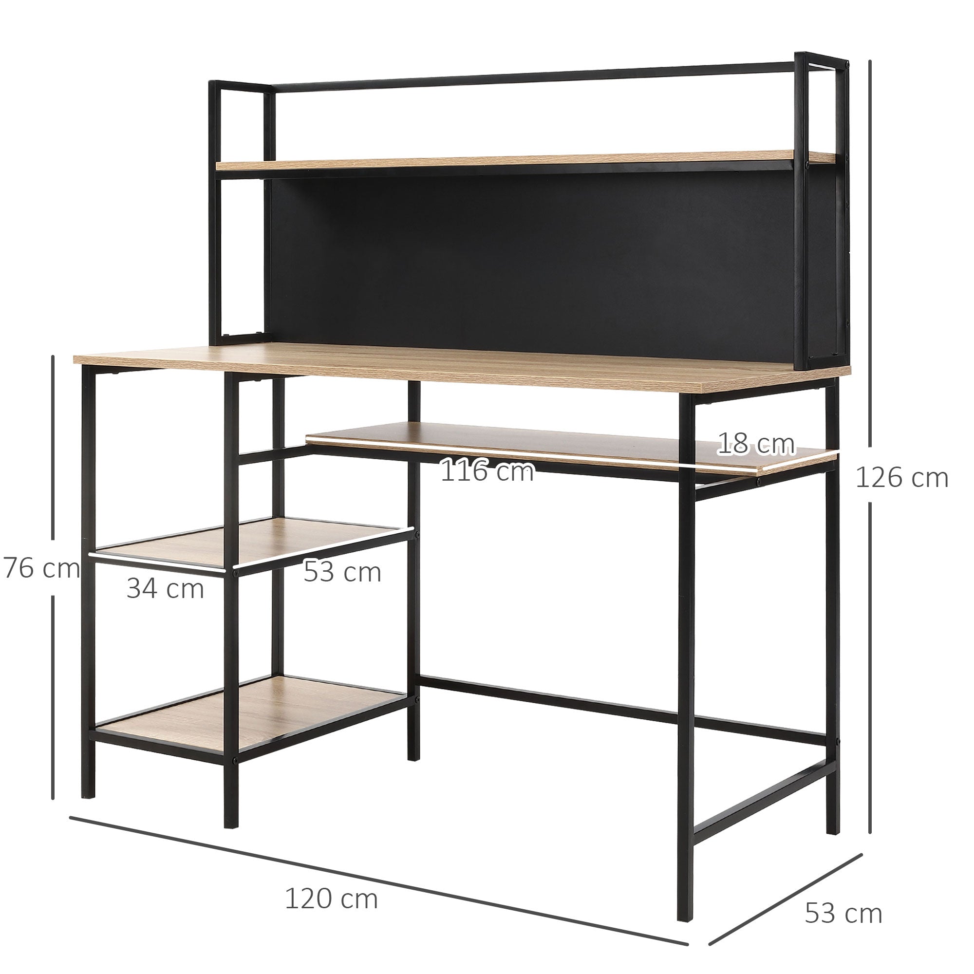 Desk with storage computer desk with 4 shelves, large tabletop, and black panel for living room bedroom 120L x 53W x 126H cm, oak and black