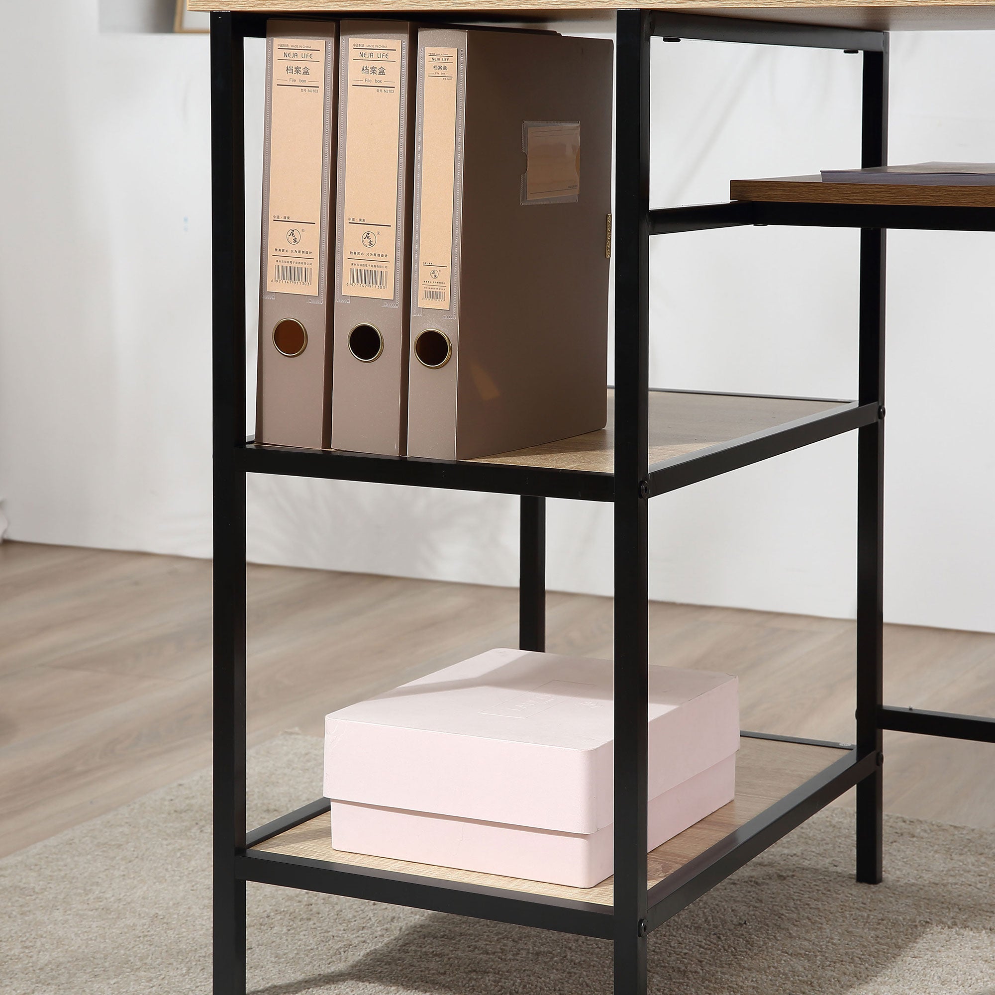 Desk with storage computer desk with 4 shelves, large tabletop, and black panel for living room bedroom 120L x 53W x 126H cm, oak and black