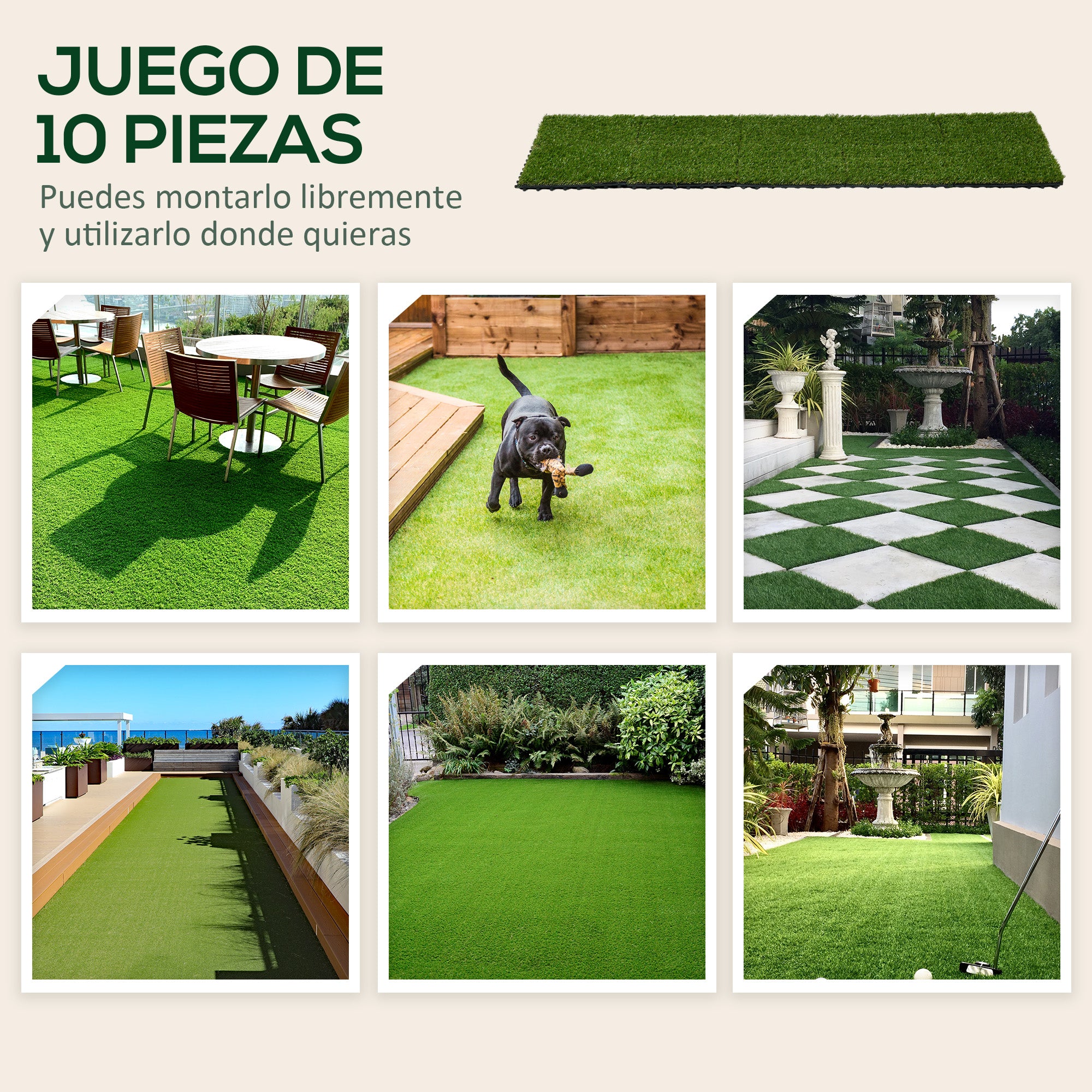 10-Piece Artificial Grass Turf 30x30 cm Lawn Rug with 20 mm Grass Height Anti-UV Synthetic Grass for Garden Patio Balcony Dark Green
